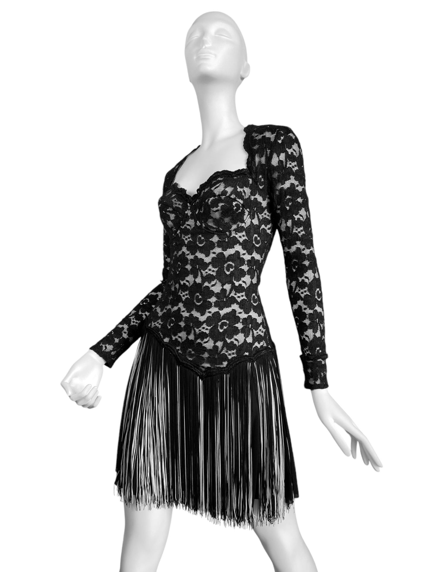 ANGELO TARLAZZI 2000s BLACK LACE FRINGES MINI DRESS