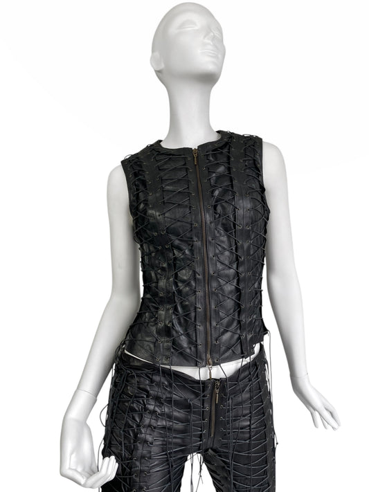 PLEIN SUD FW2002 BLACK LEATHER LACED-UP SLEEVELESS JACKET