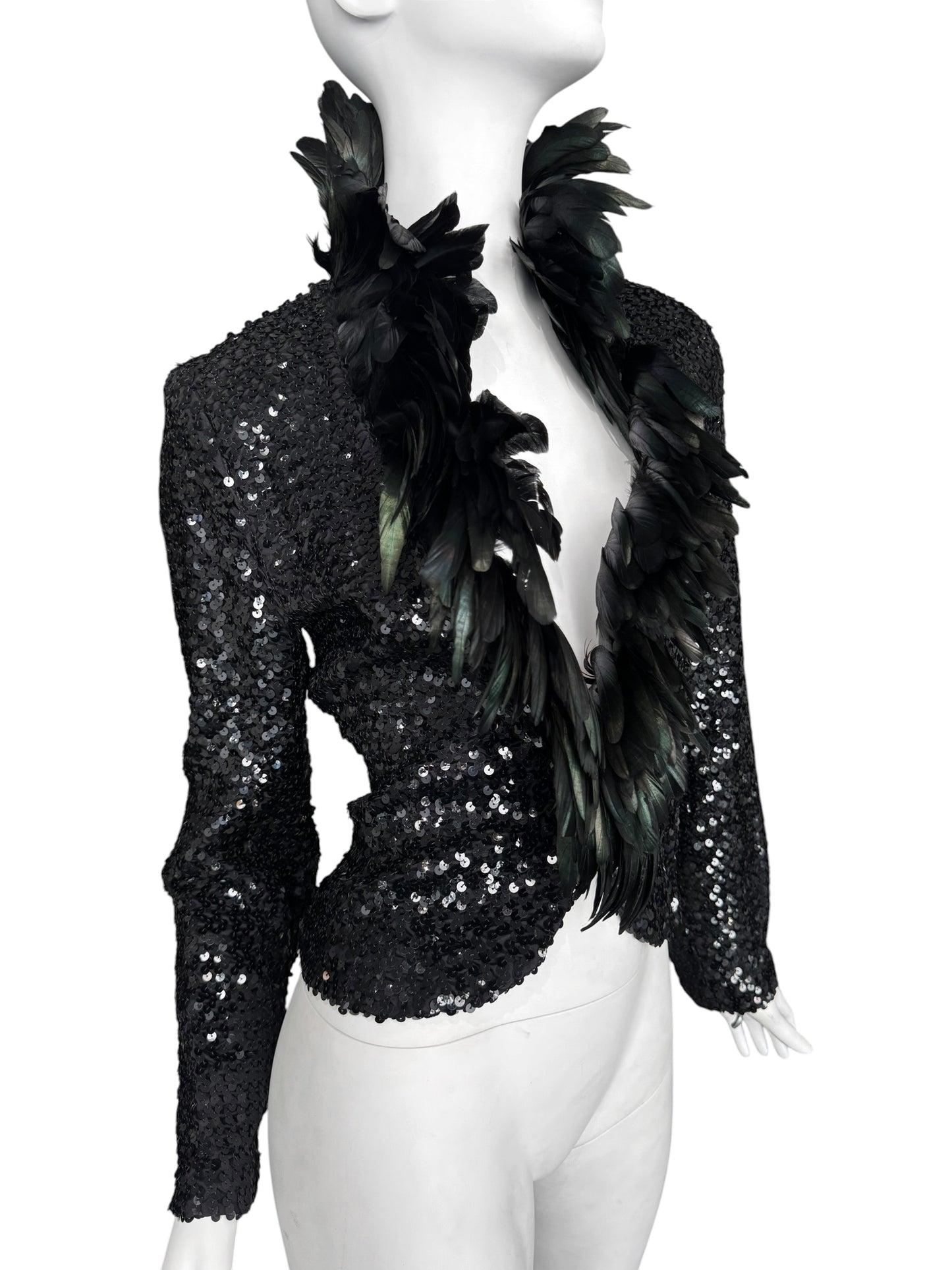 JEAN VARON 1960s BLACK SEQUINS & ROOSTER FEATHERS COLLAR JACKET