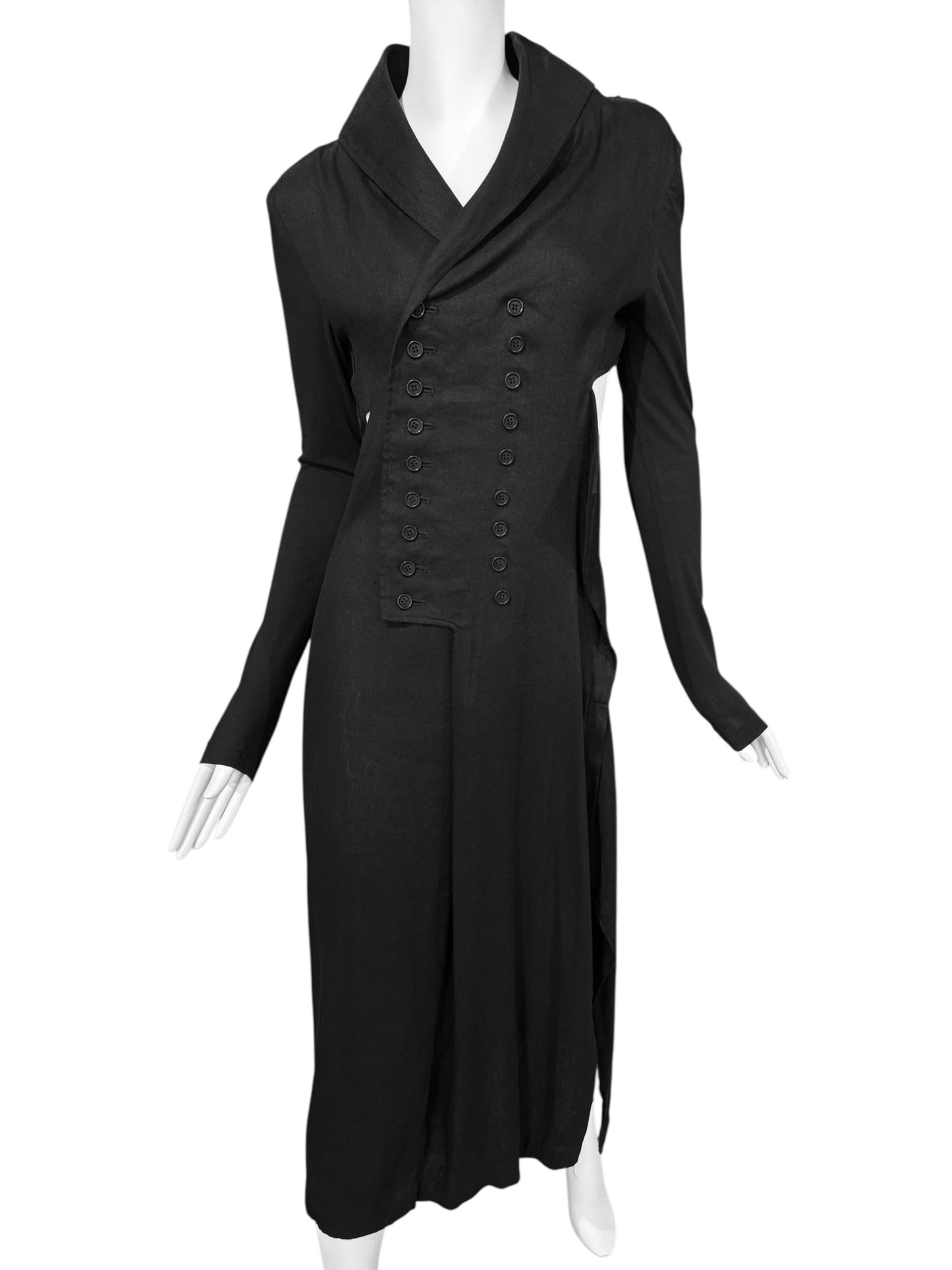 YOHJI YAMAMOTO SS2019 BLACK LINEN DOUBLE BREASTED CUT OUT MAXI DRESS