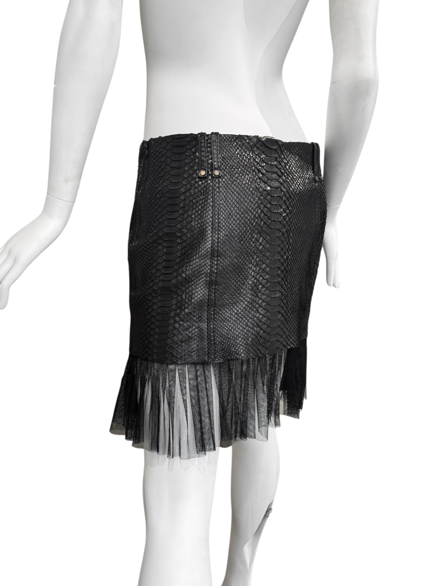 PLEIN SUD SS2011 BLACK PYTHON LEATHER TULLE HEM MINI SKIRT