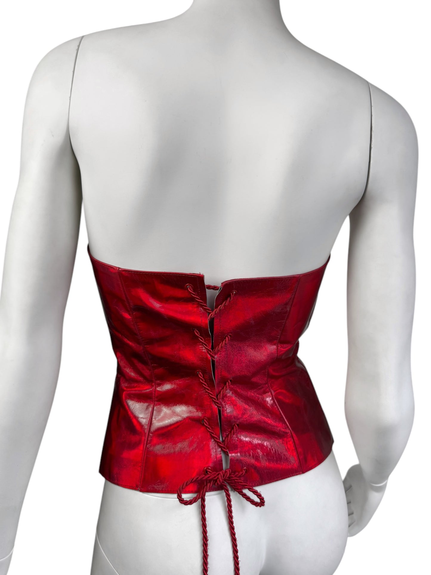 PLEIN SUD 1990s METALLIC RED LEATHER CORSET BUSTIER TOP