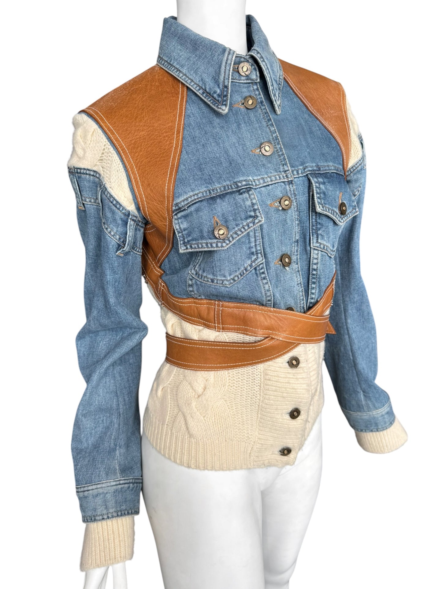 ALEXANDER MCQUEEN SS2004 ‘DELIVERANCE’ BLUE DENIM, BROWN LEATHER & CREAM KNIT PATCHWORK JACKET