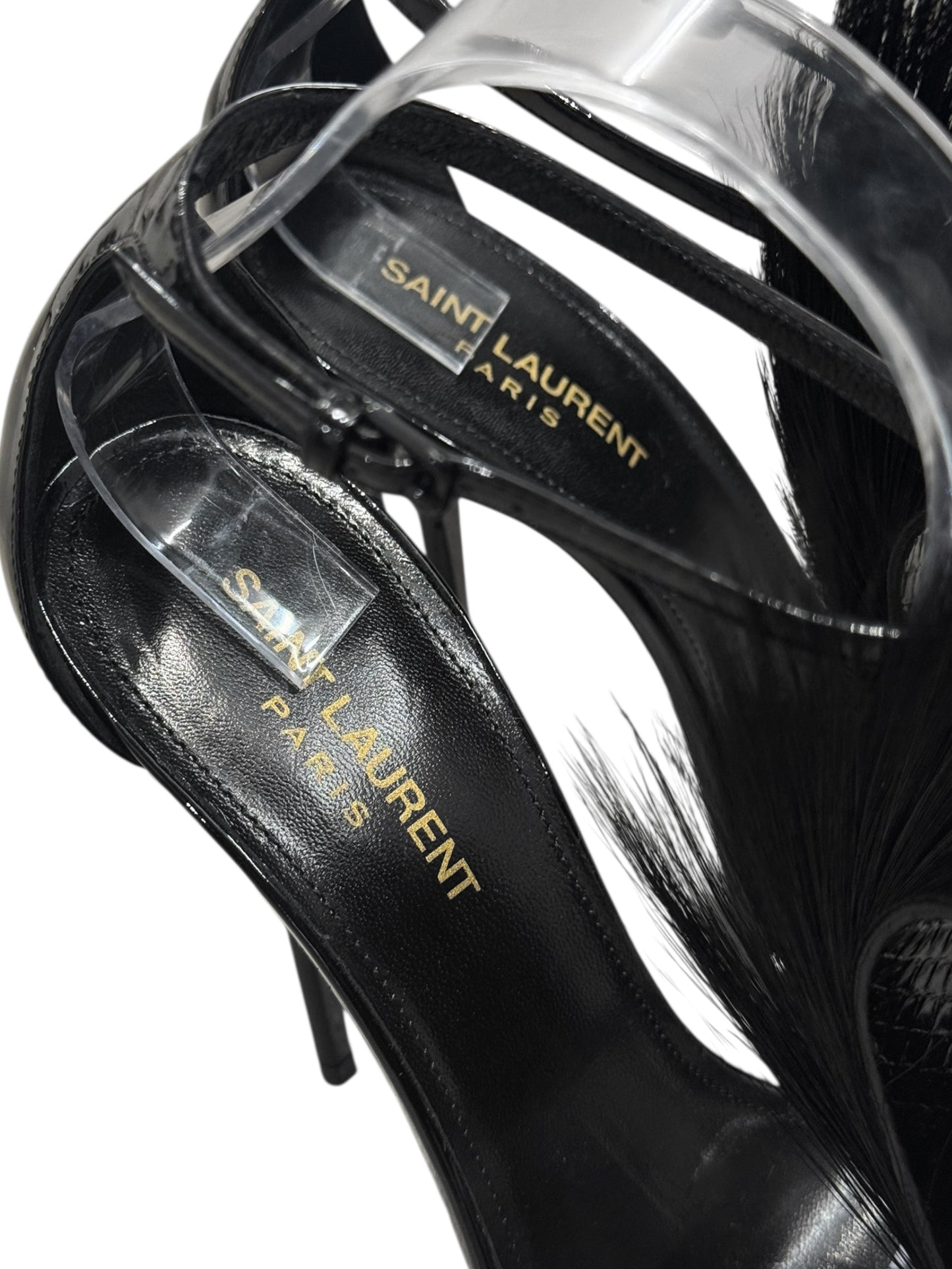SAINT LAURENT FW2018 BY ANTHONY VACCARELLO BLACK LEATHER & ANTILOPE FUR STRAPPY HEELED SANDALS