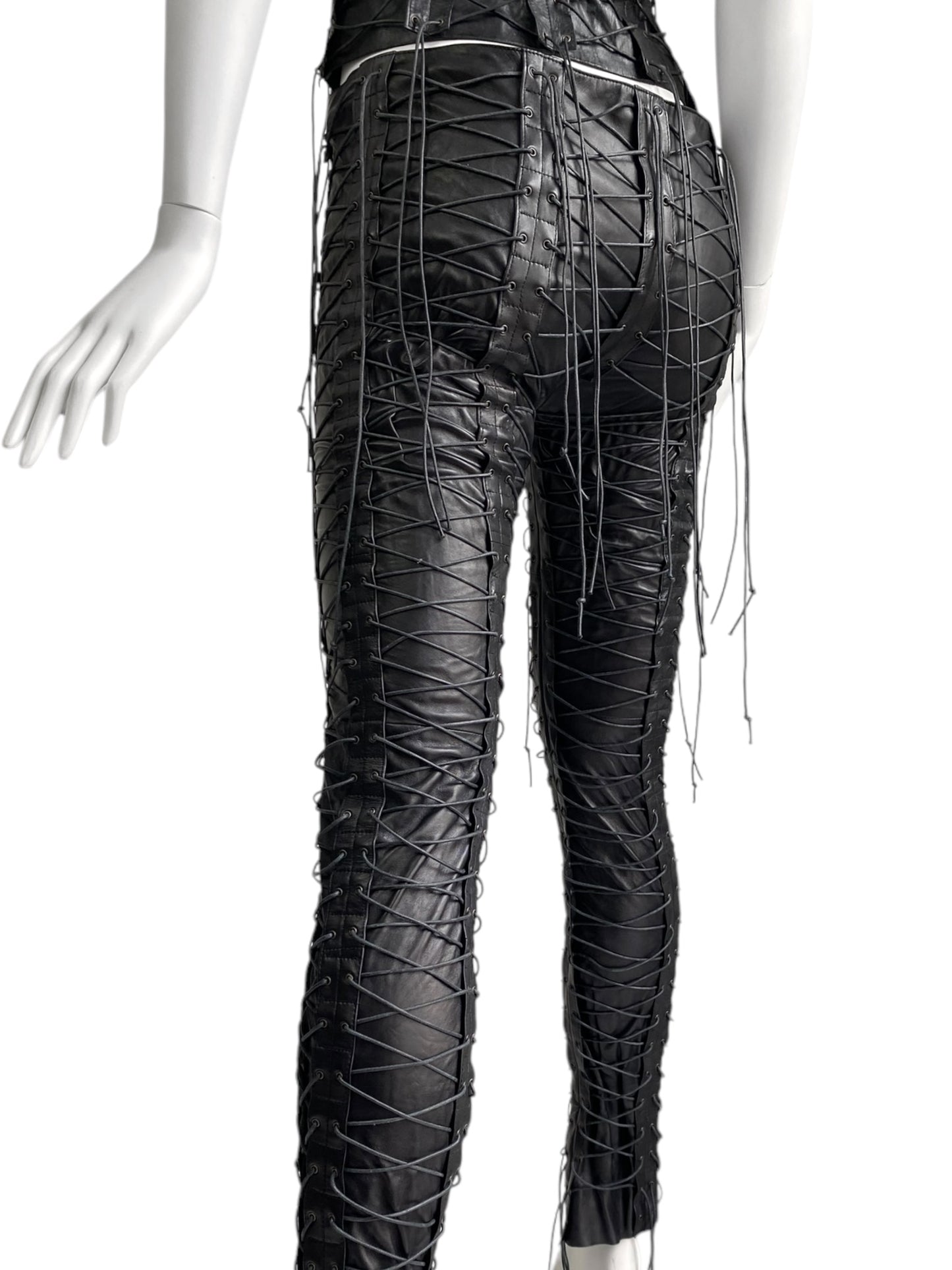 PLEIN SUD FW2002 BLACK LEATHER LACED-UP CAGE PANTS