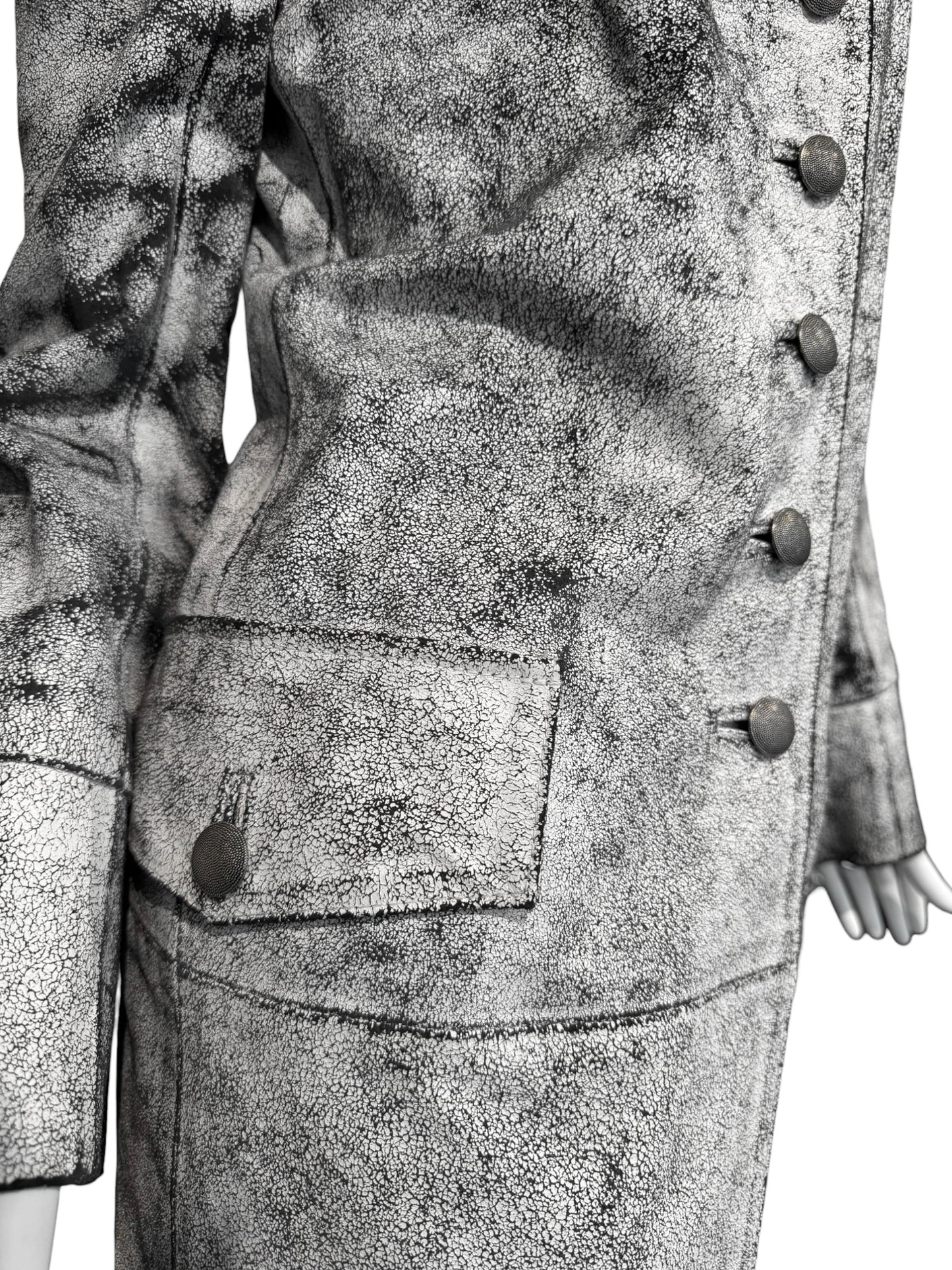 ANN DEMEULEMEESTER SS2002 WHITE CRACKED LEATHER COAT