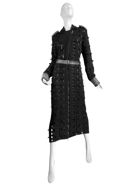 DIOR FW2004 BY GALLIANO BLACK WOOL LACED STUDDED MAXI COAT