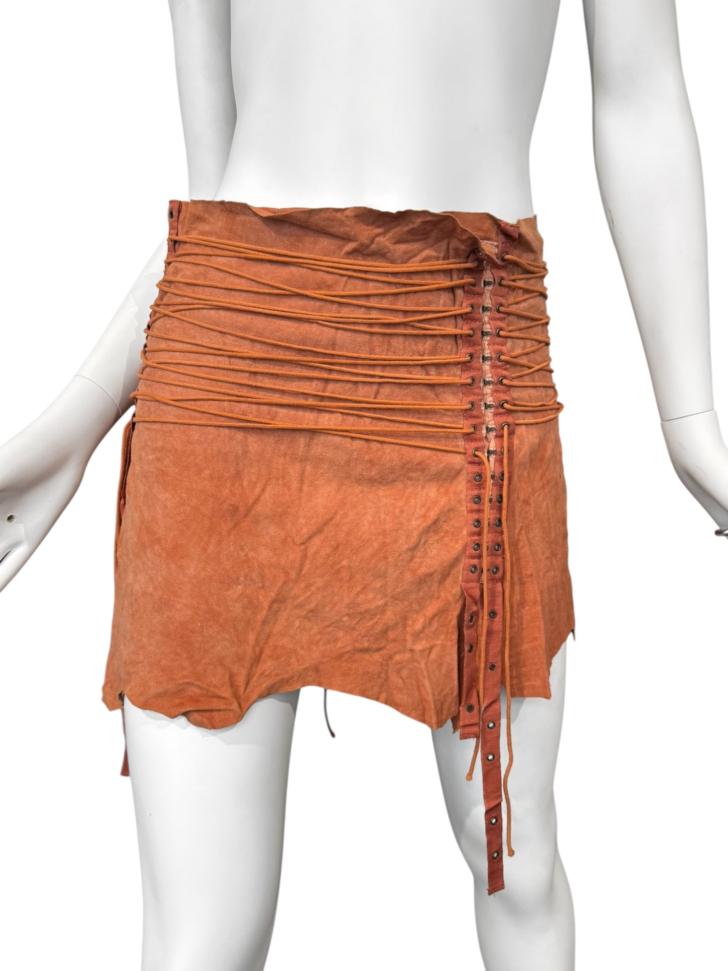 PLEIN SUD SS2003 ORANGE SUEDE LEATHER LACE-UP MINI SKIRT