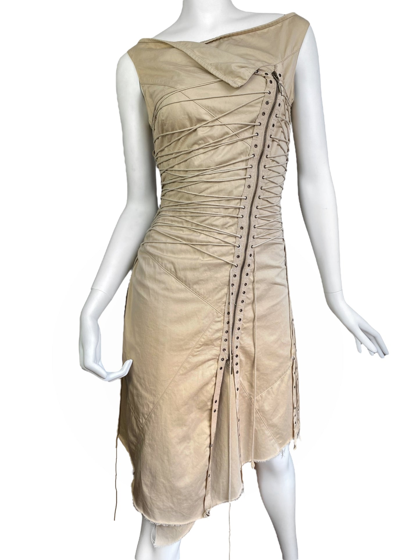 PLEIN SUD SS2003 BEIGE LACED-UP BONDAGE MIDI DRESS