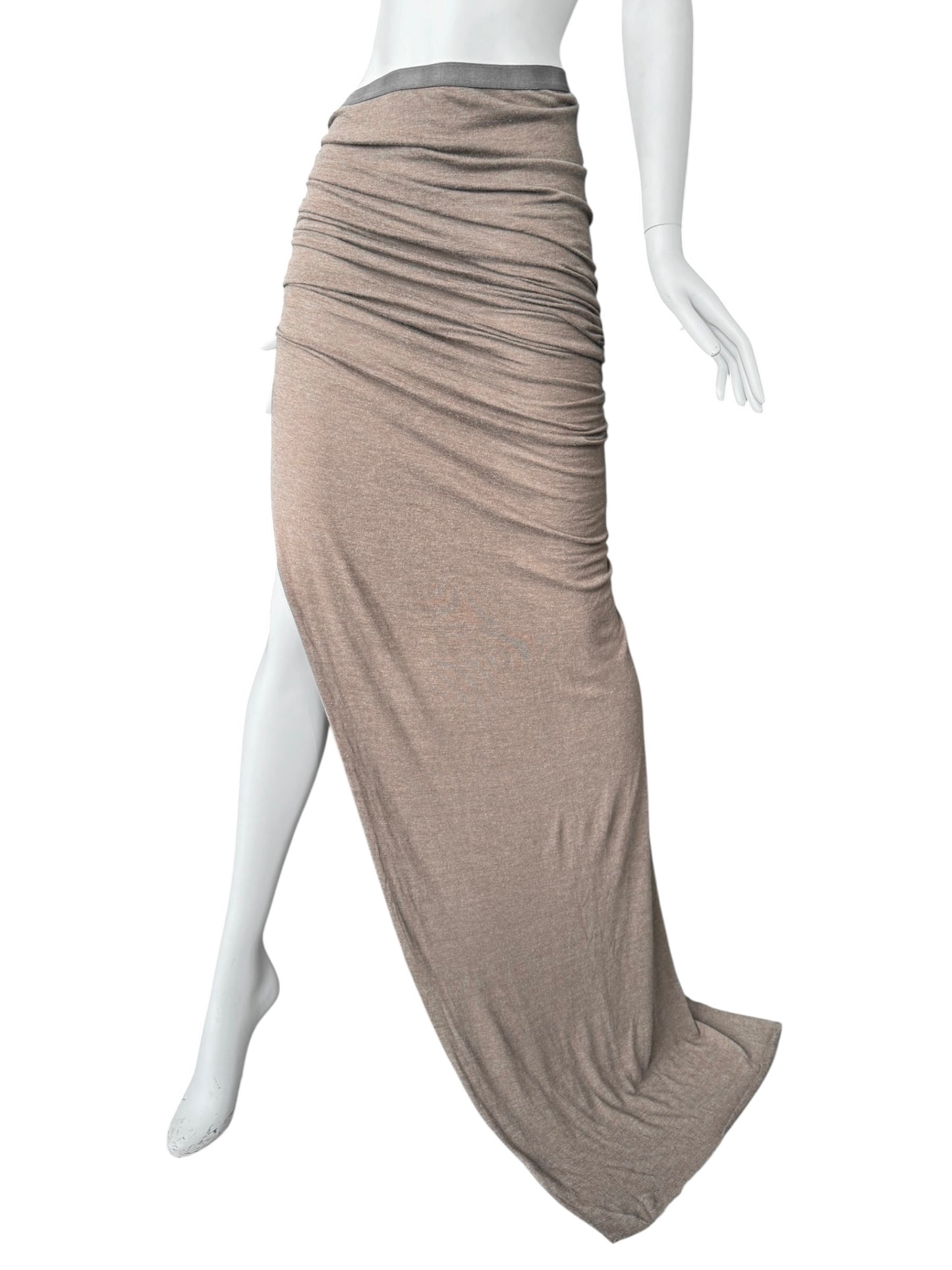 RICK OWENS FW2024 ‘PORTERVILLE’ BROWN ASYMMETRICAL DRAPED MAXI SKIRT