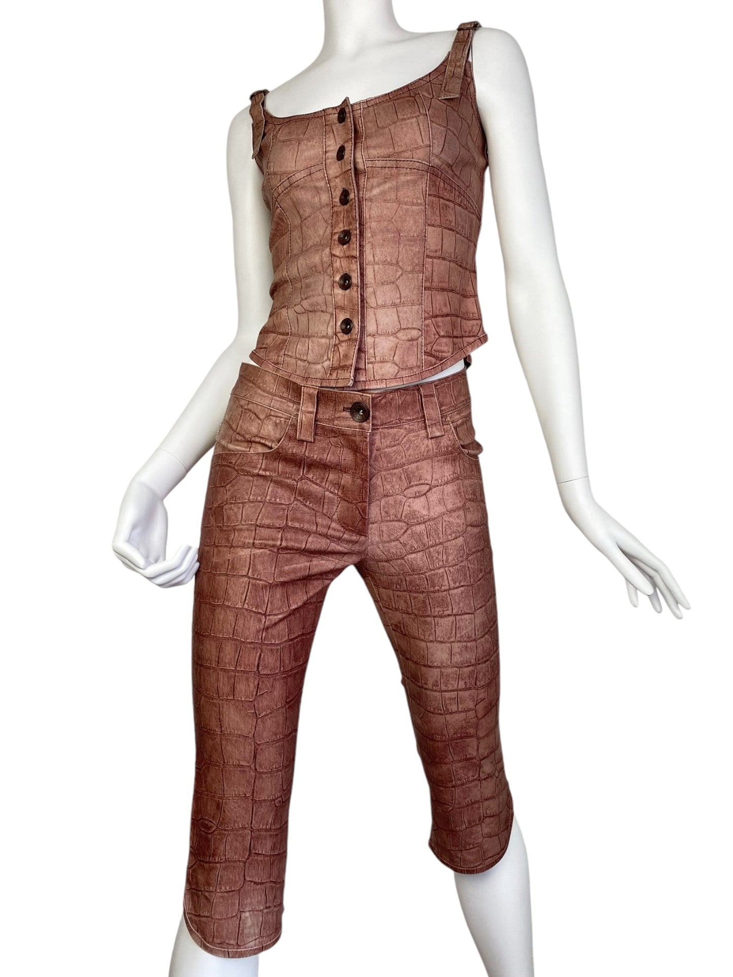 PLEIN SUD JEANS 2000s COPPER LEATHER CROCODILE EMBOSSED 2p. SET (CORSET + CAPRI PANTS)