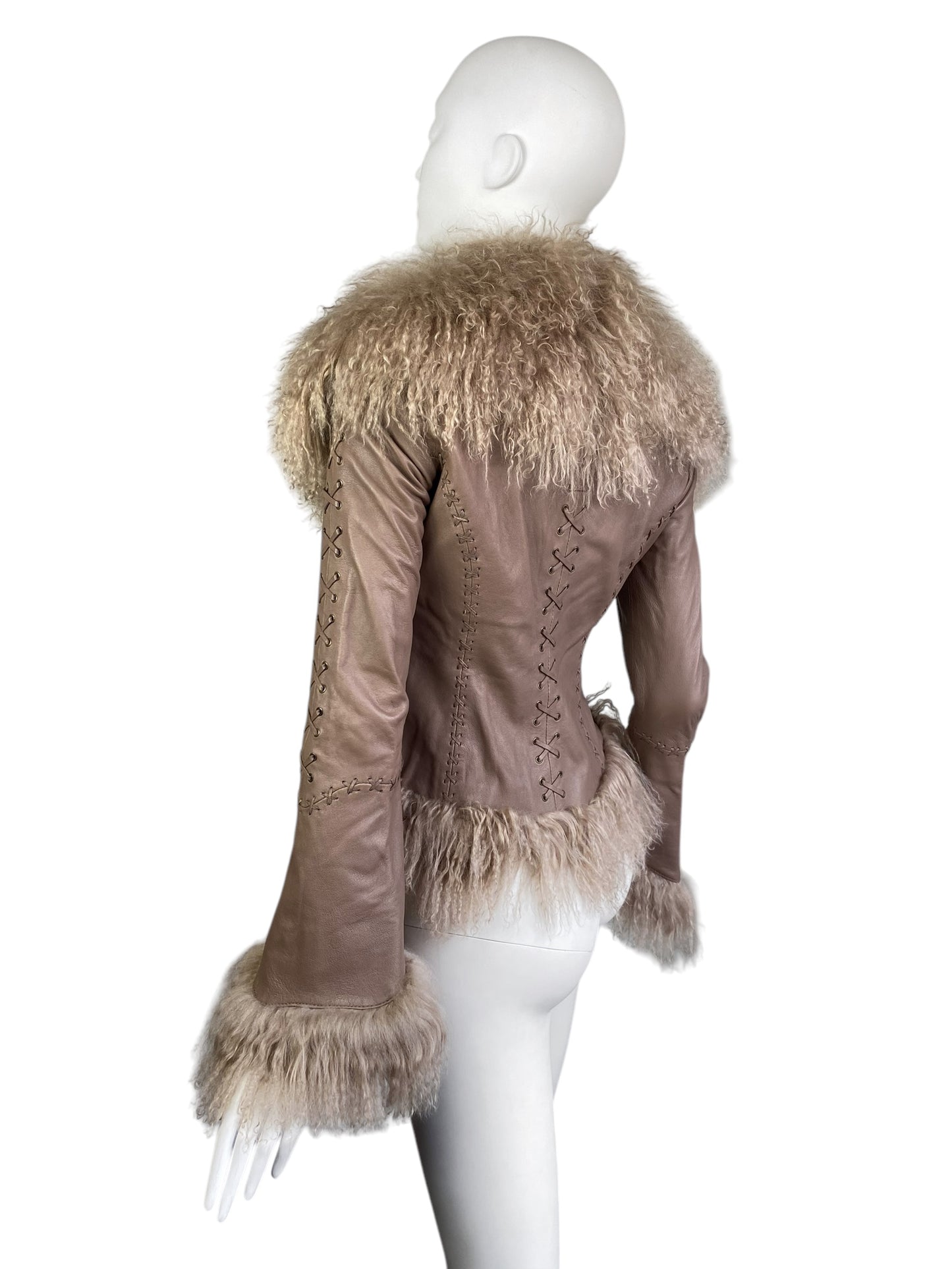 JUST CAVALLI 2000s BEIGE LEATHER LACED MONGOLIAN LAMB FUR TRIM JACKET