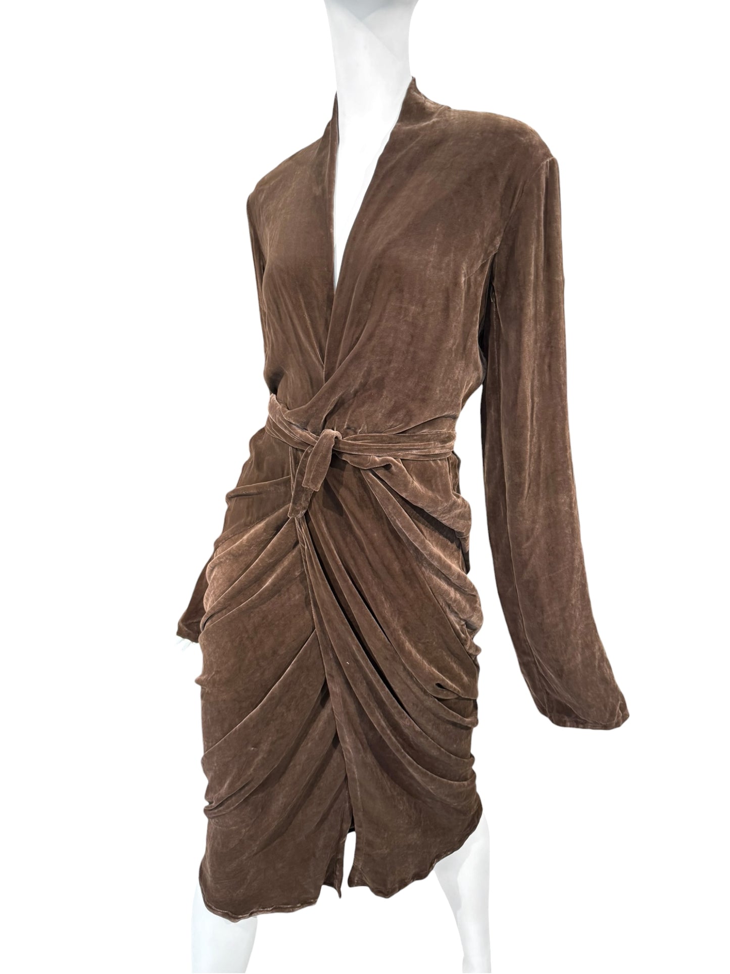 RICK OWENS FW2023 «LUXOR»BROWN VELVET DRAPED WRAP MIDI DRESS