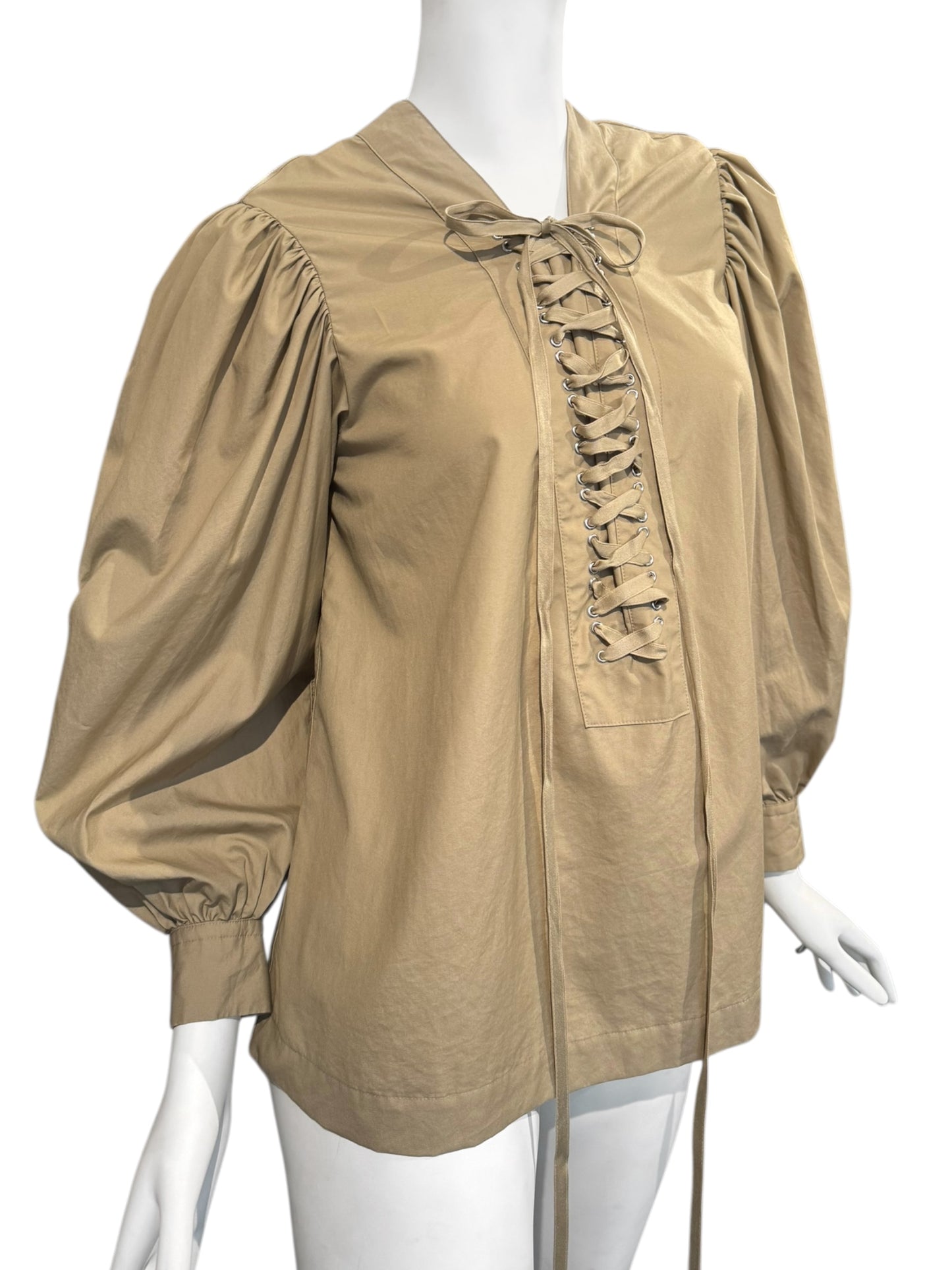 NOIR KEI NINOMIYA SS2022 BEIGE LACE-UP NECKLINE PUFFY SLEEVES TOP