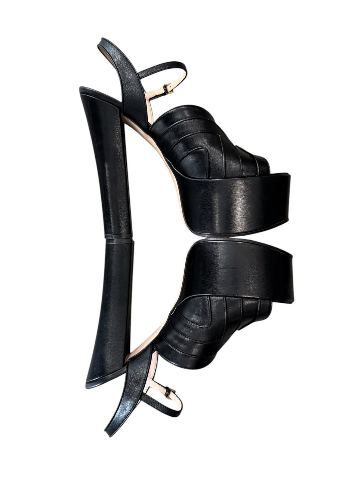 GUCCI SS2022 BY ALESSANDRO MICHELE BLACK LEATHER PLATFORM HEELED SANDALS