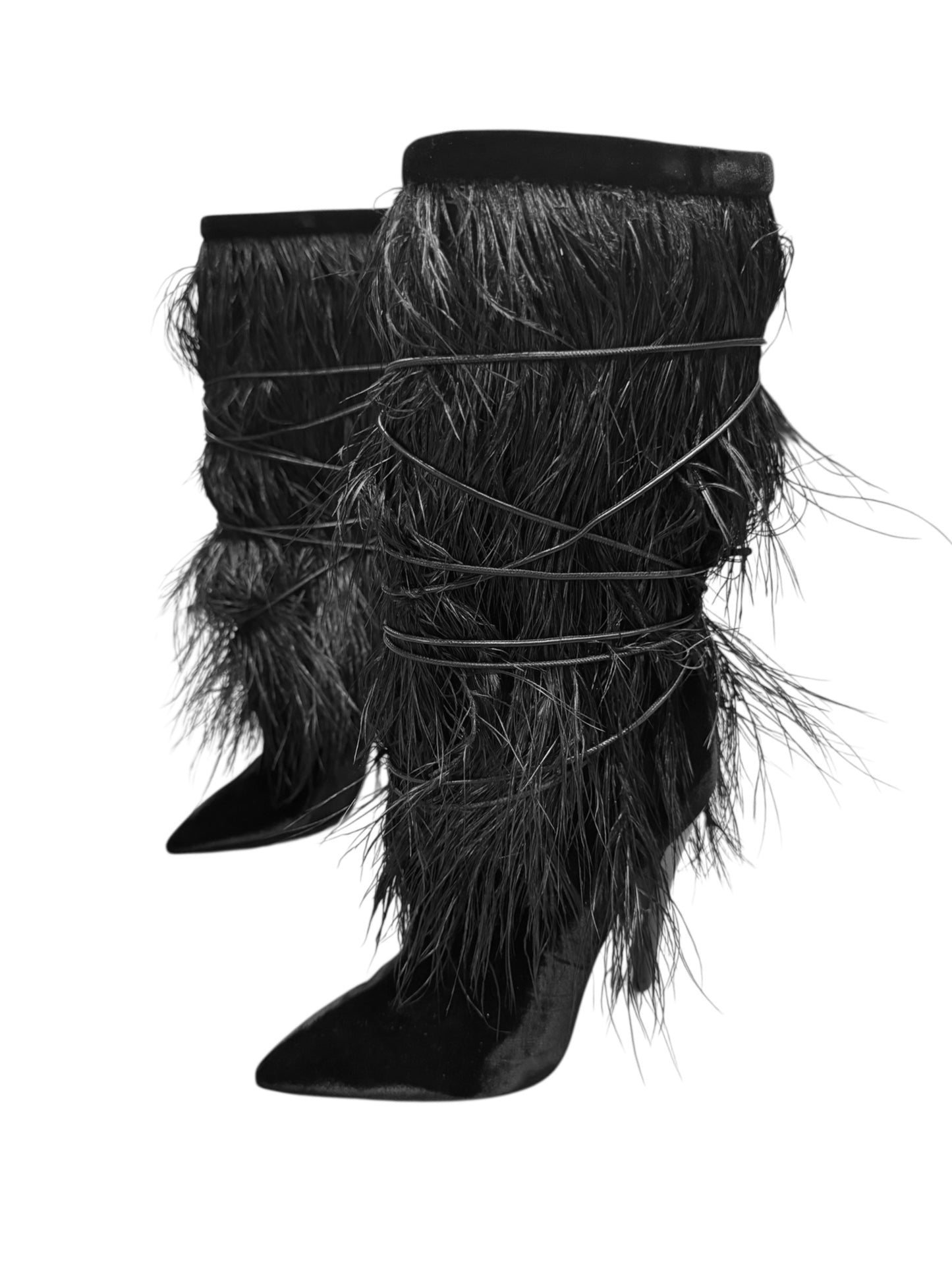 SAINT LAURENT SS2018 BY ANTHONY VACCARELLO BLACK VELVET & OSTRICH FEATHERS BOOTS