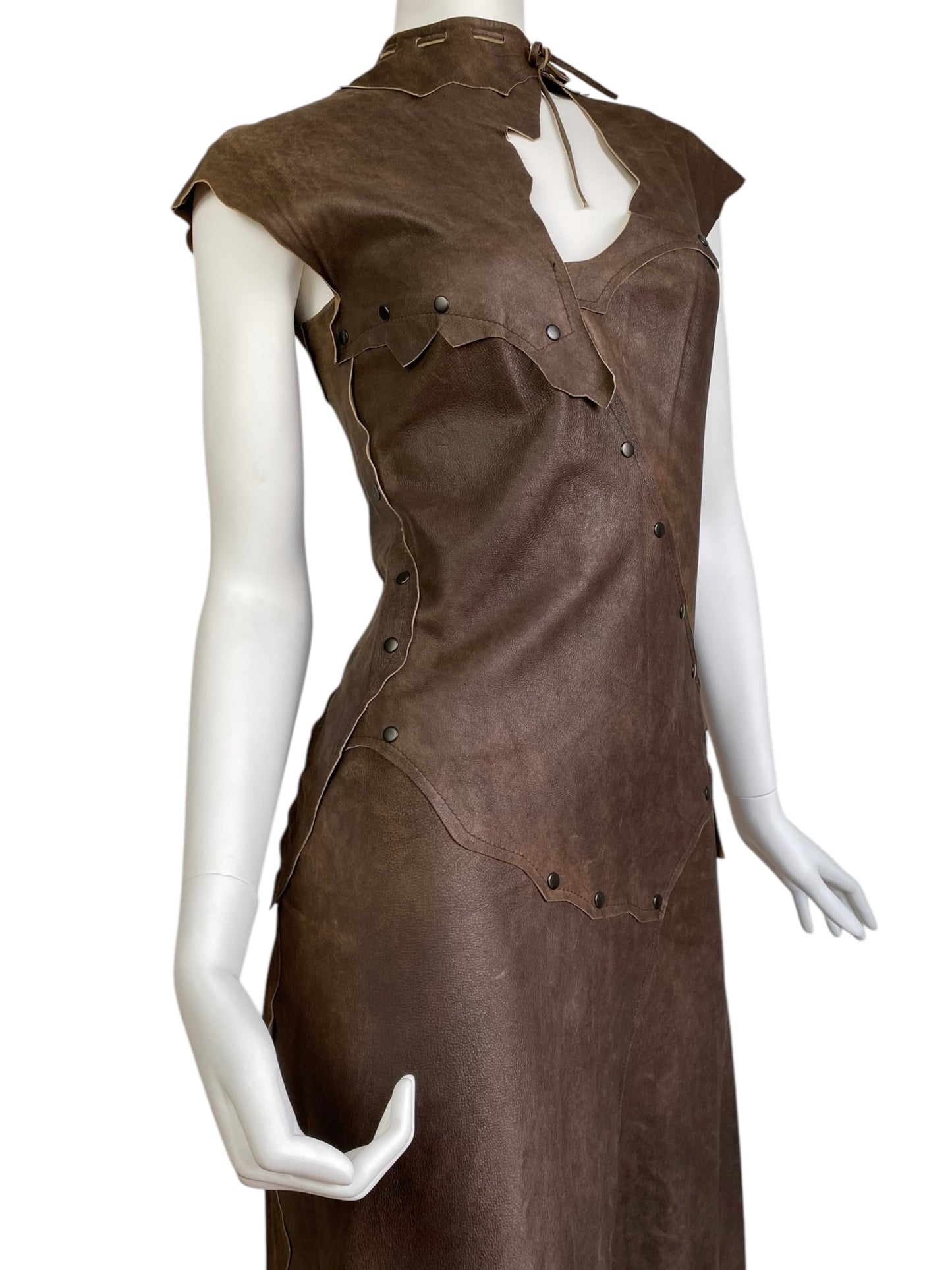 PLEIN SUD 2000s BROWN LEATHER PATCHWORK STUDDED MIDI DRESS