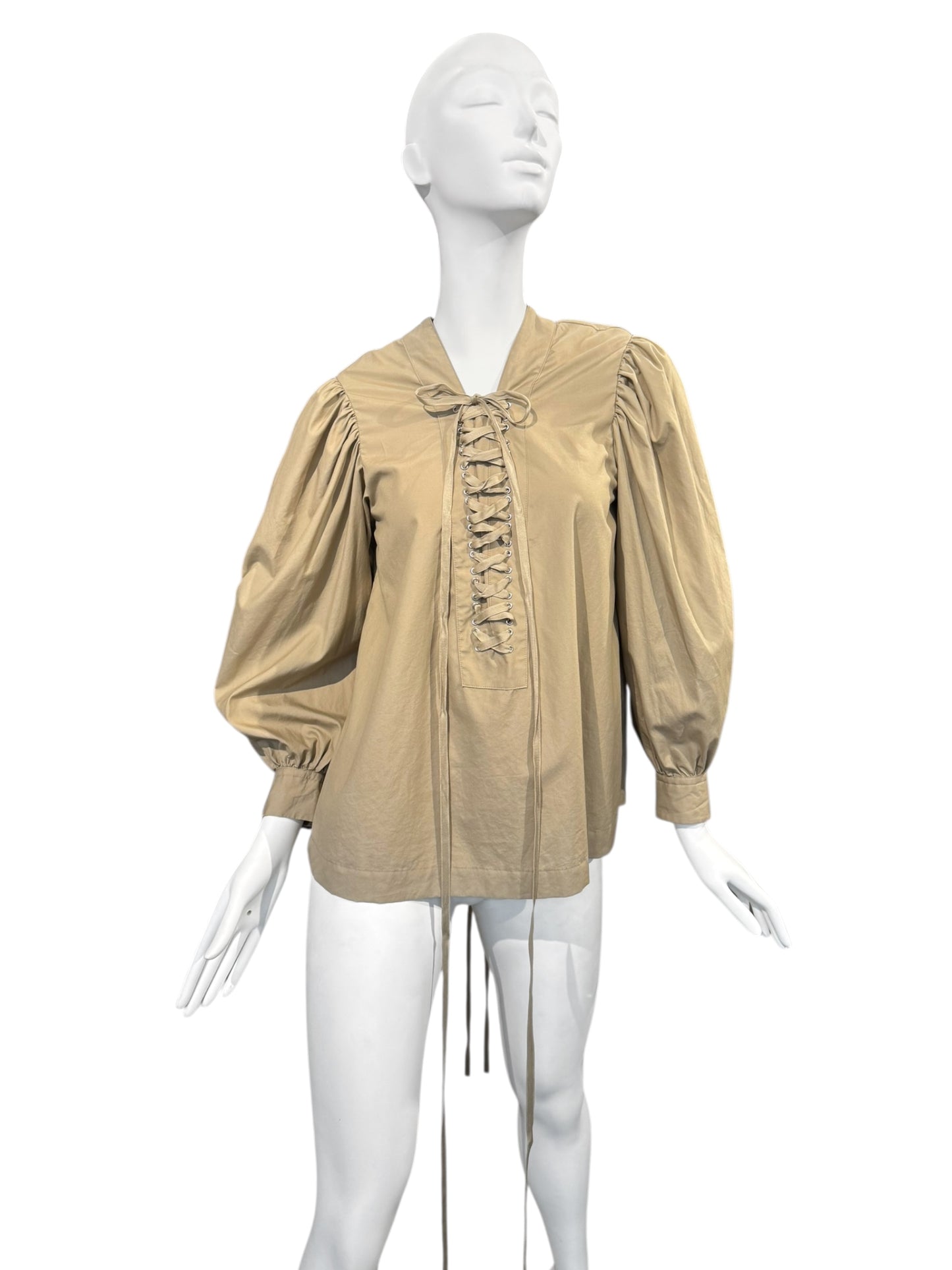NOIR KEI NINOMIYA SS2022 BEIGE LACE-UP NECKLINE PUFFY SLEEVES TOP