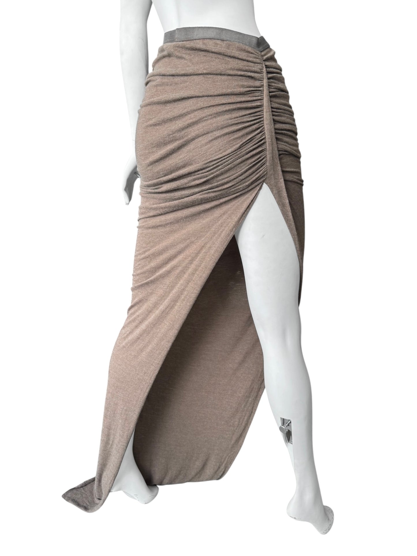 RICK OWENS FW2024 ‘PORTERVILLE’ BROWN ASYMMETRICAL DRAPED MAXI SKIRT