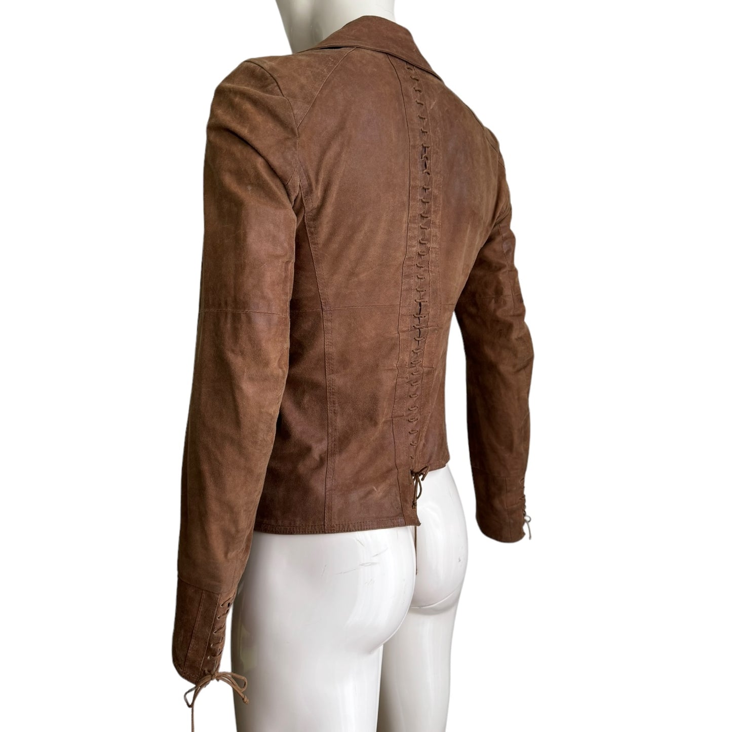 PLEIN SUD FW2002 BROWN DISTRESS LEATHER LACED JACKET