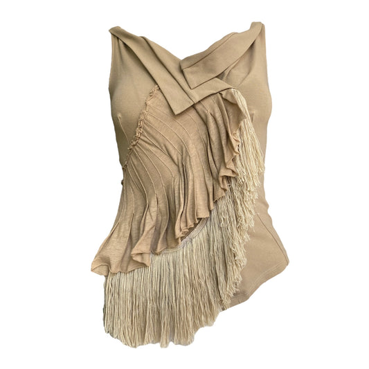 PLEIN SUD JEANS SS2003 BEIGE FRINGES ASYMMETRICAL TOP