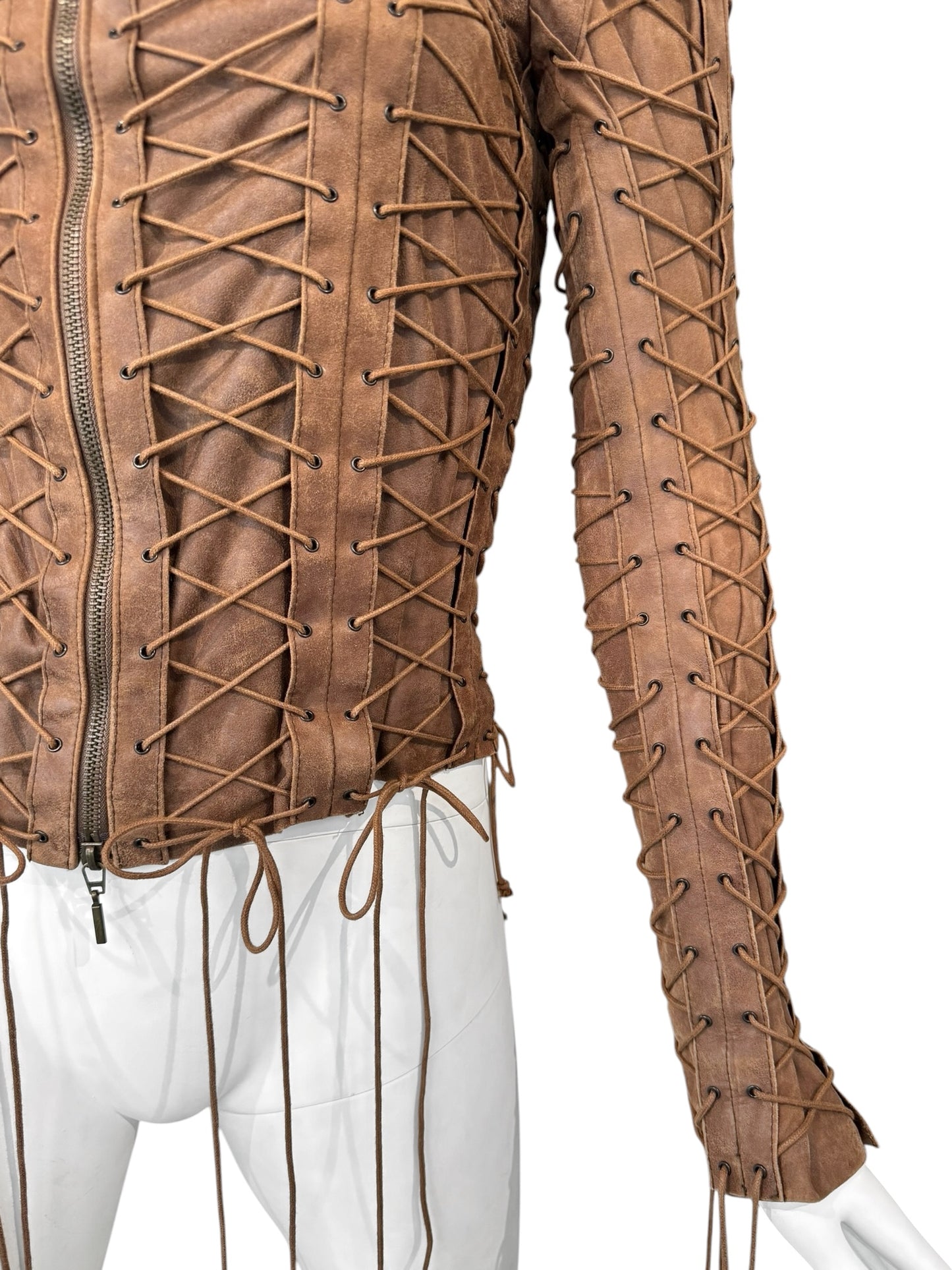 PLEIN SUD FW2002 BROWN LEATHER LACE-UP CAGE JACKET