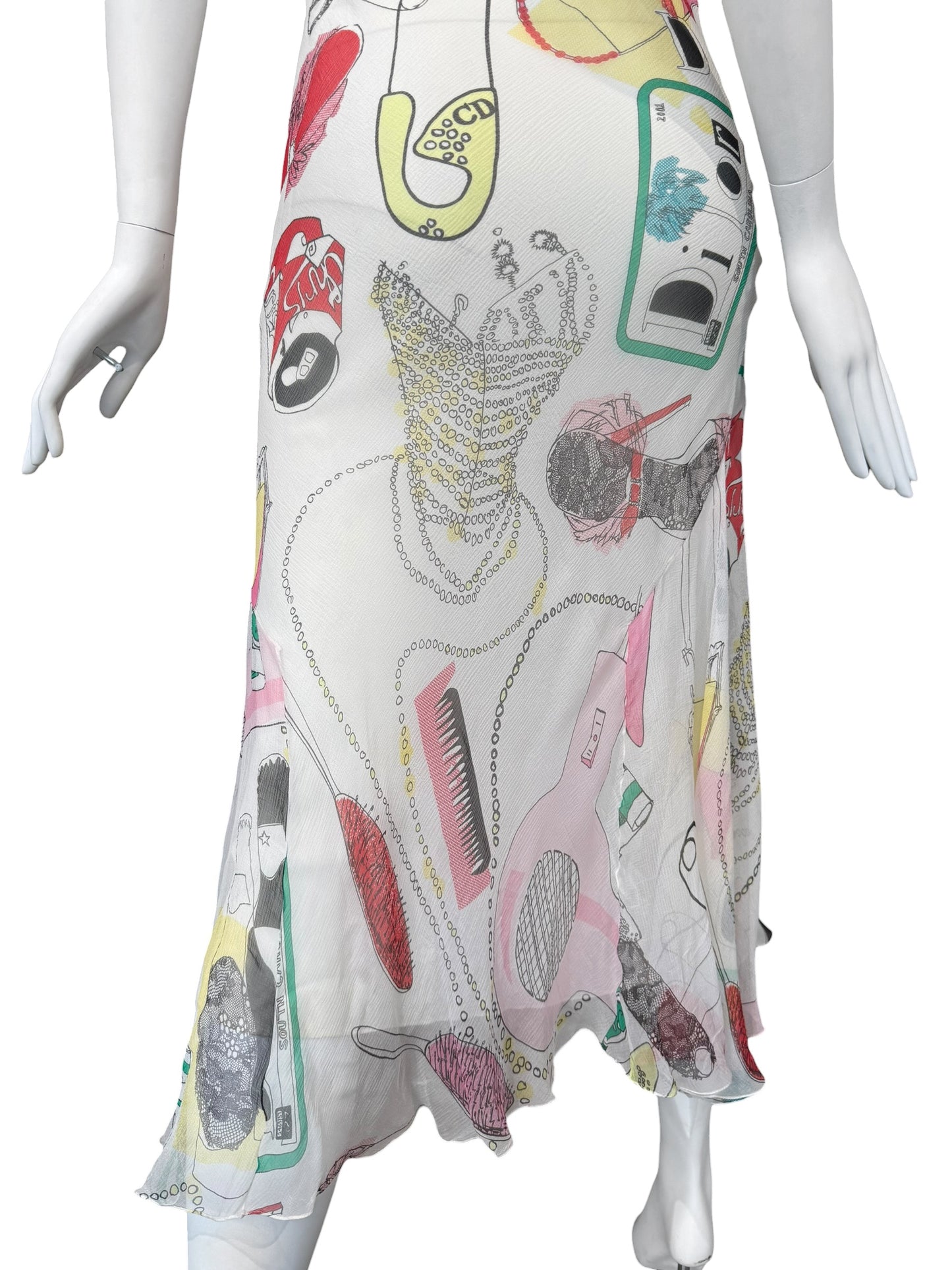 DIOR SS2001 BY JOHN GALLIANO OFF-WHITE SILK KITSCH PRINT MAXI DRESS