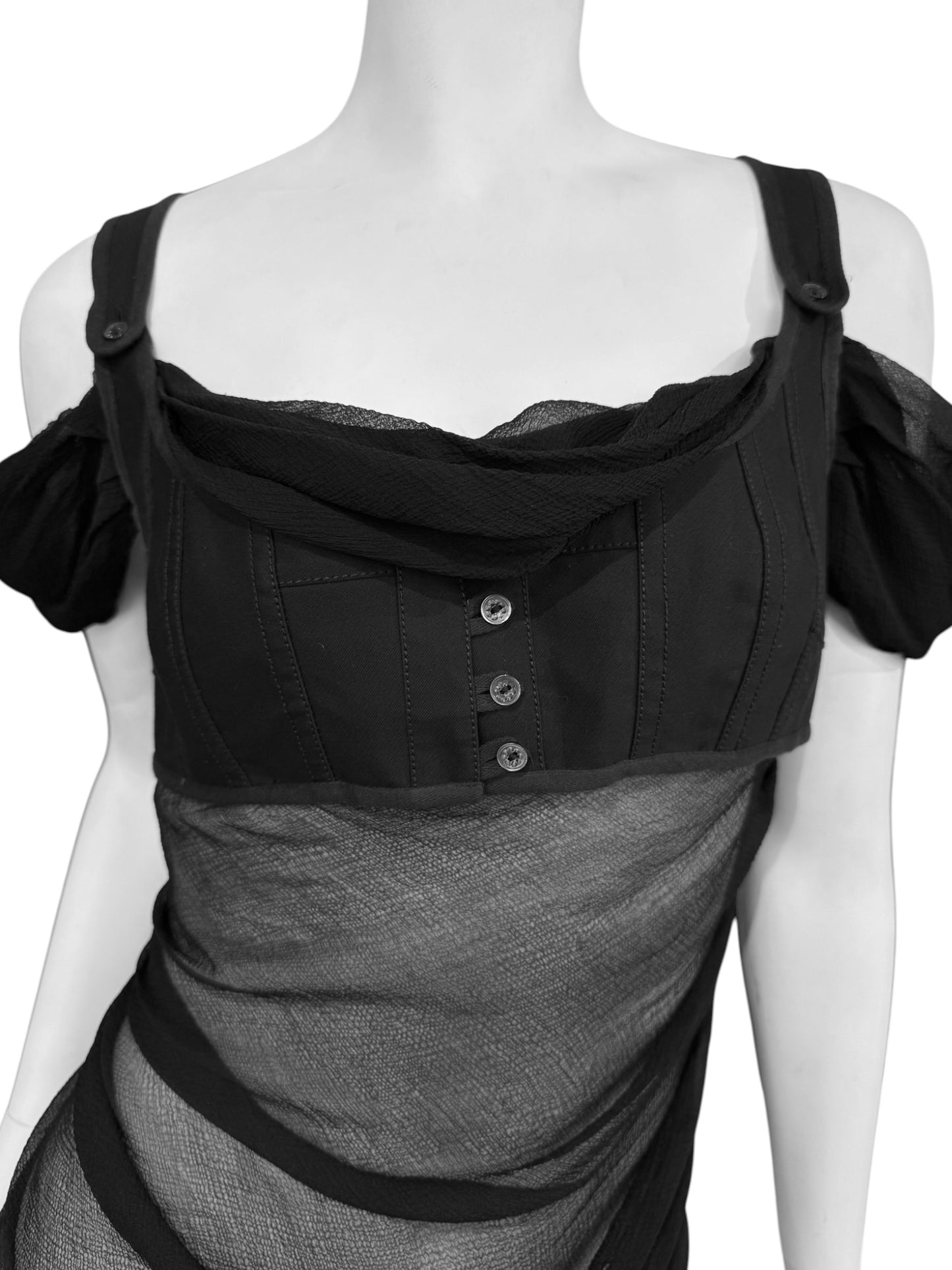 ALEXANDER MCQUEEN SS2005 «IT’S ONLY A GAME» BLACK SILK DRAPED CORSET TOP