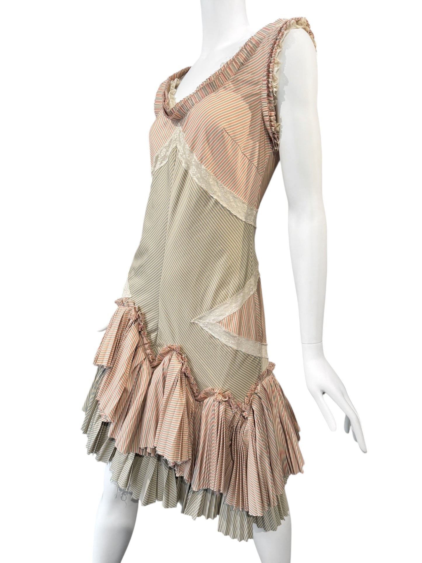 ALEXANDER MCQUEEN SS2005 «IT’S ONLY A GAME» PINK & GREEN STRIPED PLEATED MIDI DRESS