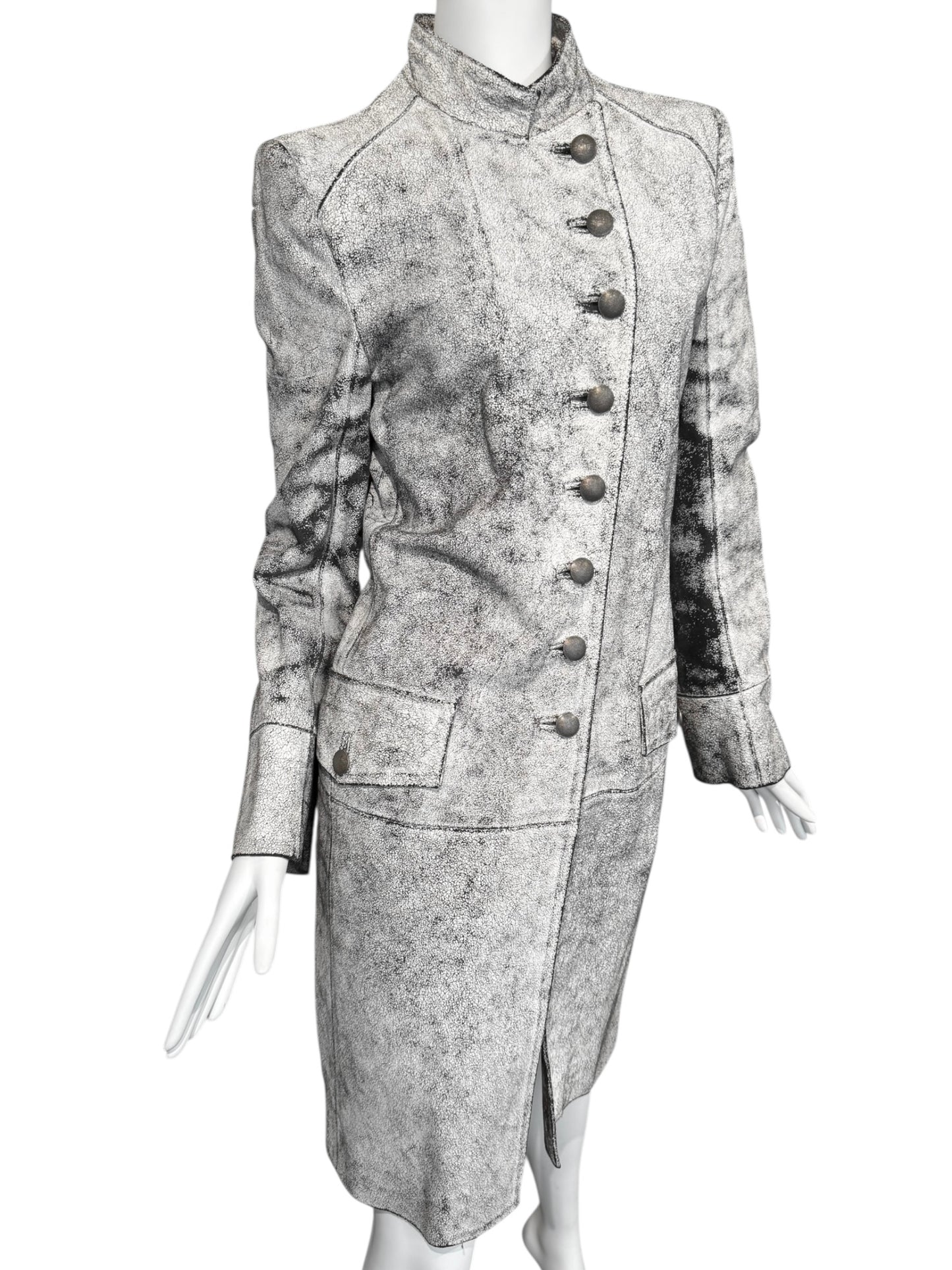 ANN DEMEULEMEESTER SS2002 WHITE CRACKED LEATHER COAT