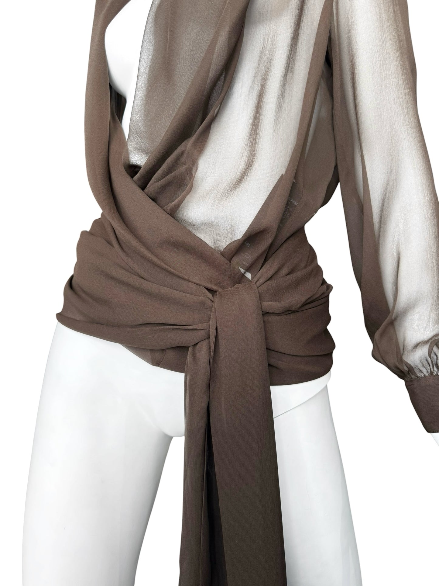 SAINT LAURENT PRE-FALL 2023 BY ANTHONY VACCARELLO BROWN SILK HOODED WRAP BLOUSE