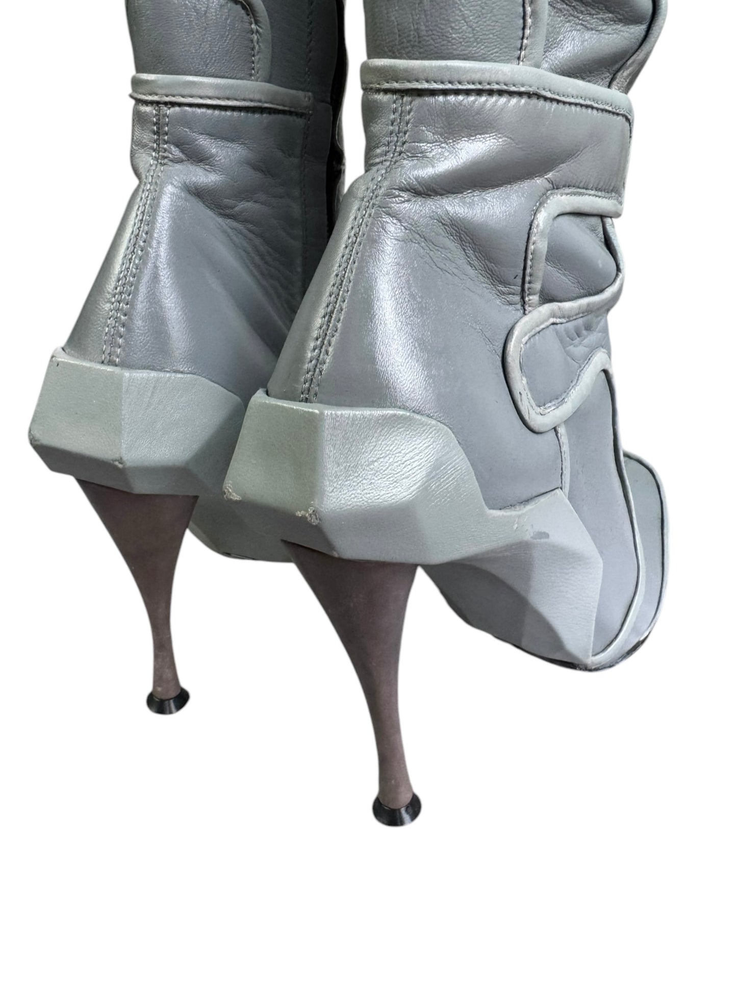CELINE FW2008 BY IVANA OMAZIC GREY LEATHER MOTO KNEE-HIGH BOOTS