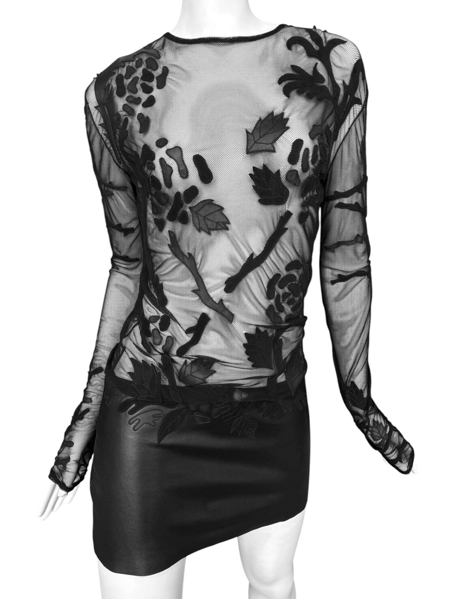 JITROIS 2012 BLACK MESH & LEATHER APPLIQUÉ SHEER MINI DRESS
