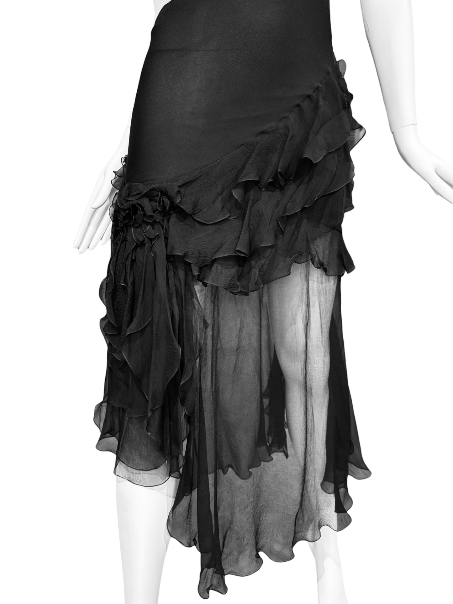 JOHN GALLIANO FW2004 BLACK SILK RUFFLES MAXI DRESS