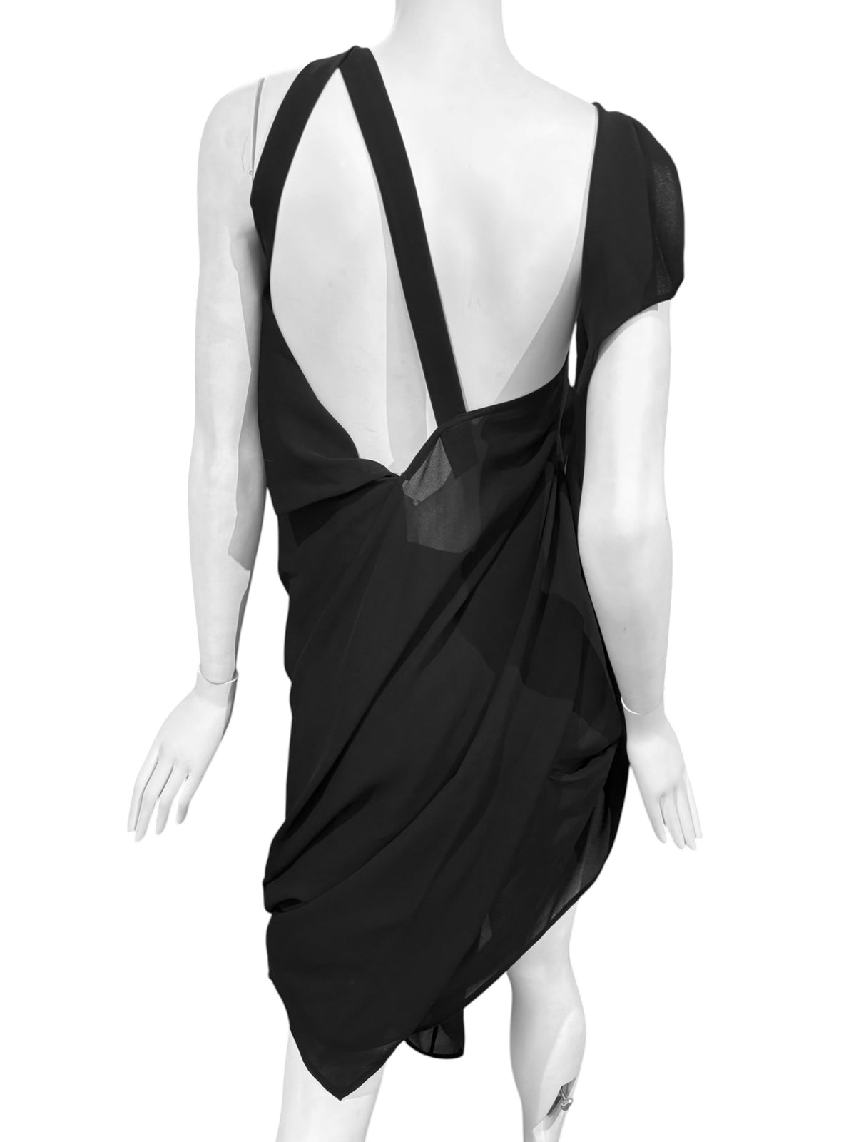 JUNYA WATANABE FW2009 BLACK SHEER ASYMMETRICAL DRAPED MIDI DRESS