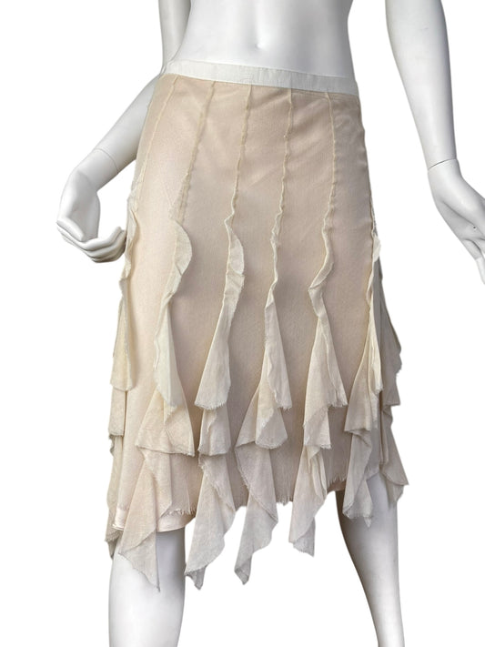 PLEIN SUD SS2000 BEIGE TULLE CASCADING RUFFLES MIDI SKIRT