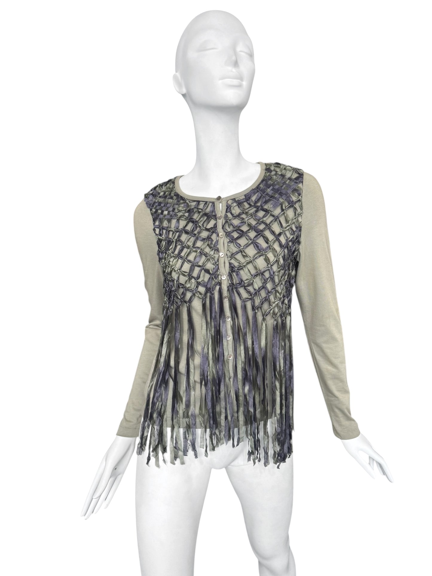 DIOR SS2003 BY JOHN GALLIANO KAKI COTTON & SILK KNOTTED FRINGE CARDIGAN