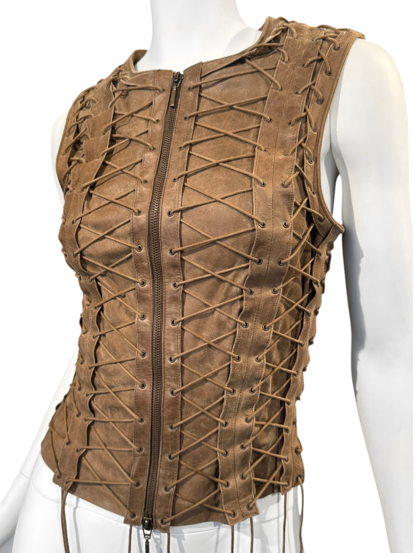 PLEIN SUD FW2002 BROWN LEATHER LACE-UP CAGE VEST