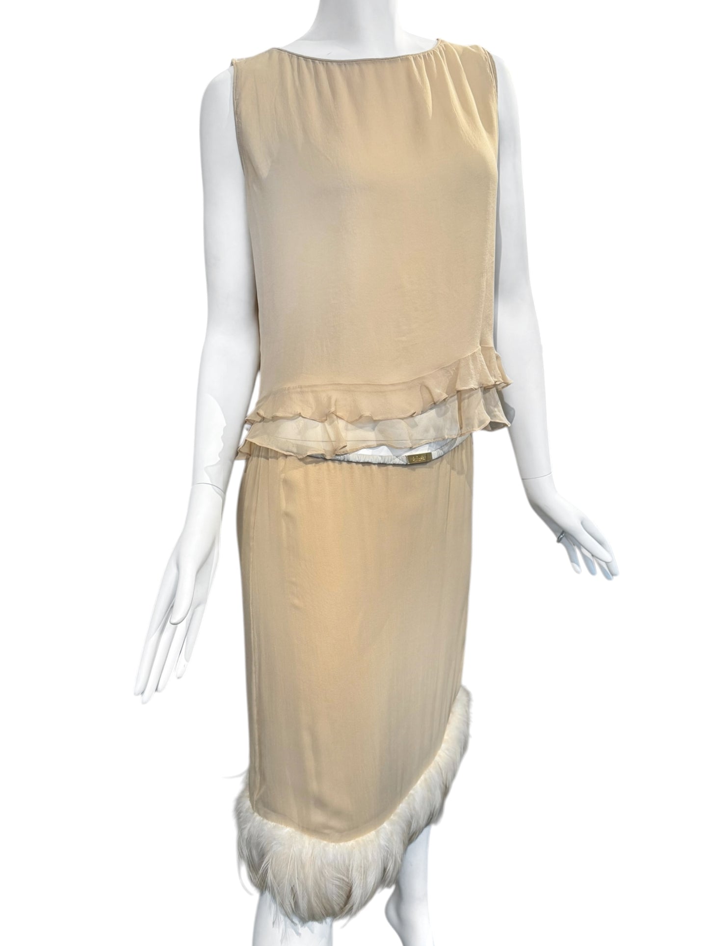 GUCCI SS1999 BY TOM FORD BEIGE SILK FEATHERS TRIM 2P. SET