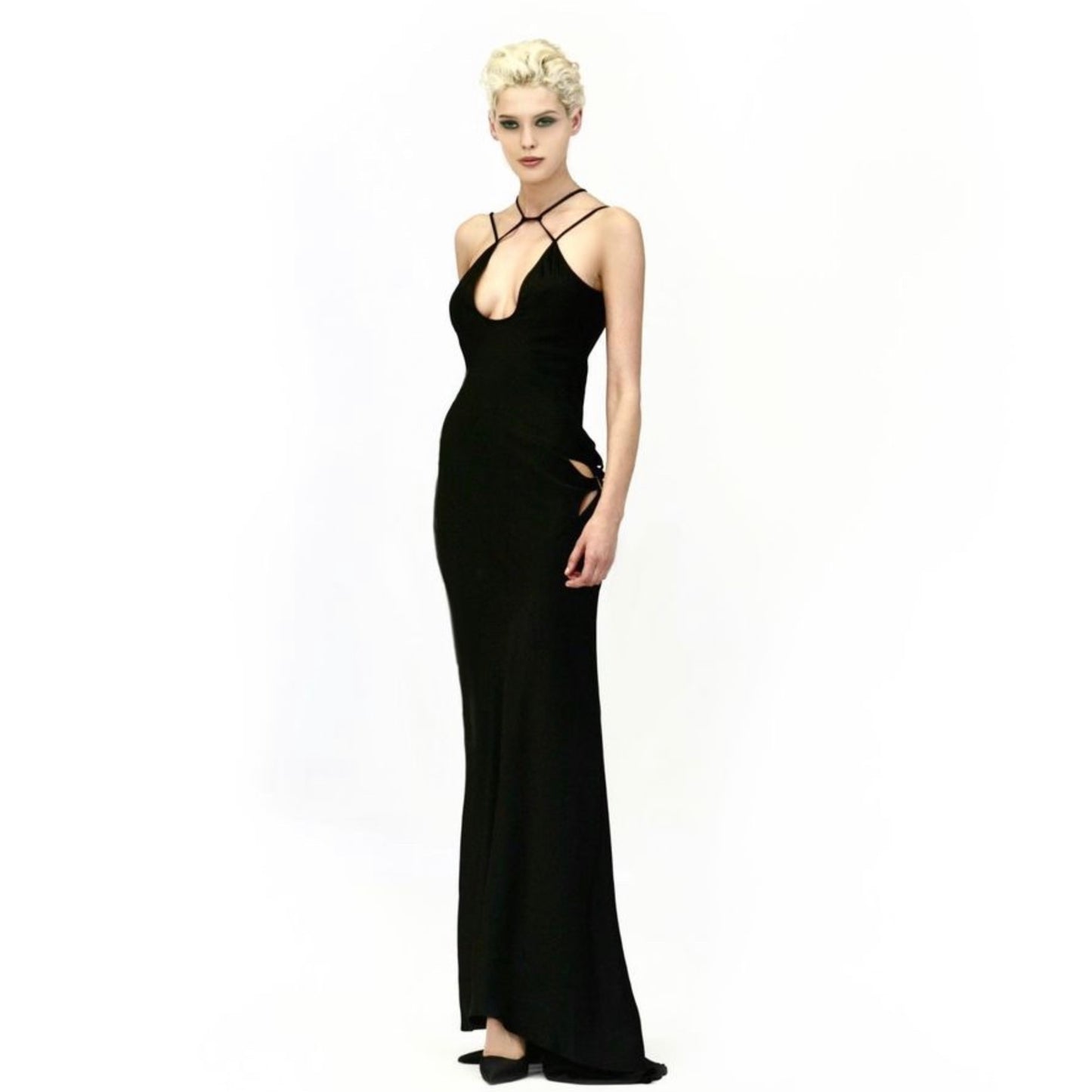 FAYÇAL AMOR SS2003 BLACK SATIN CUT OUT DOUBLE STRAPS MAXI DRESS