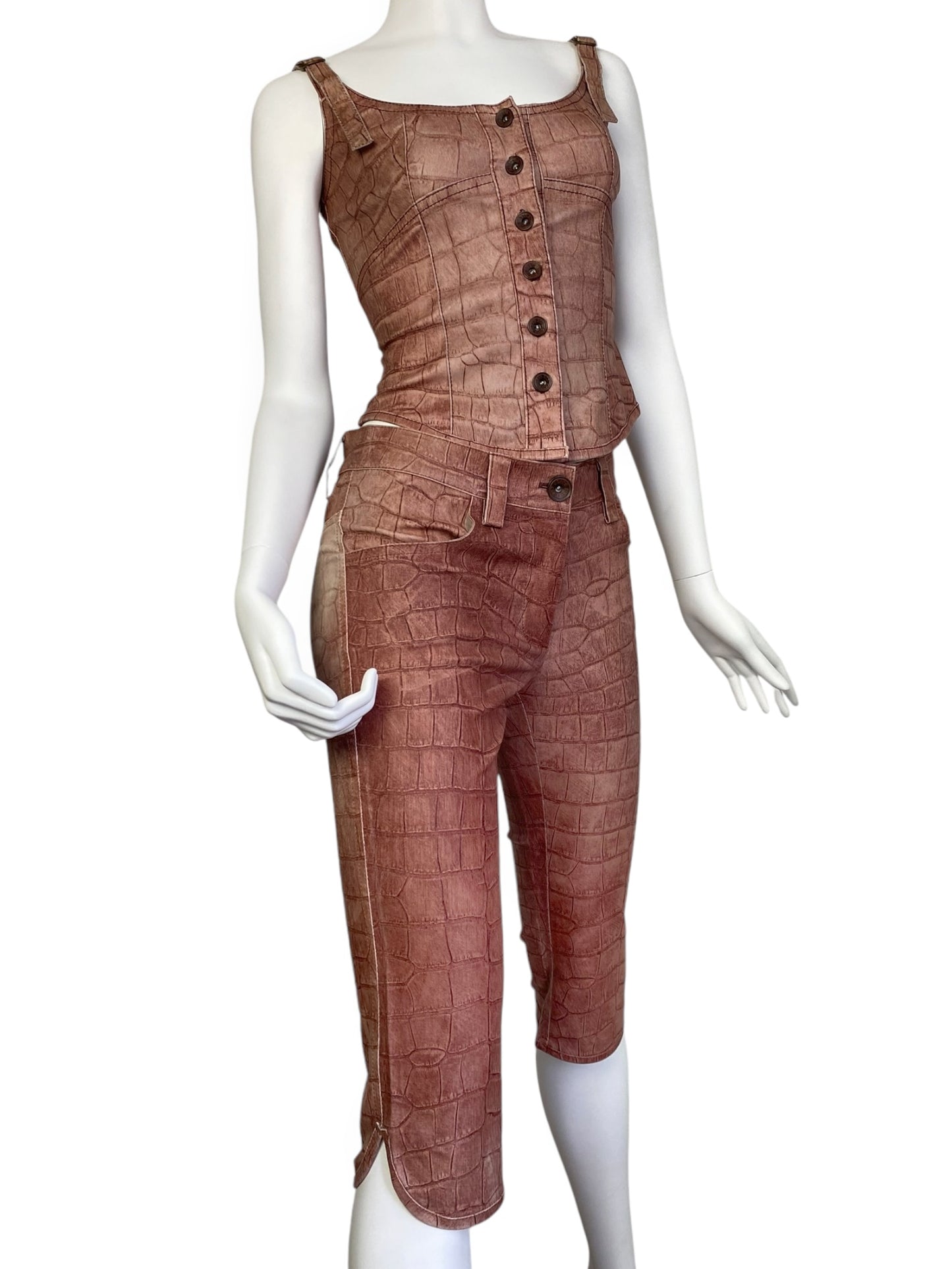 PLEIN SUD JEANS 2000s COPPER LEATHER CROCODILE EMBOSSED 2p. SET (CORSET + CAPRI PANTS)