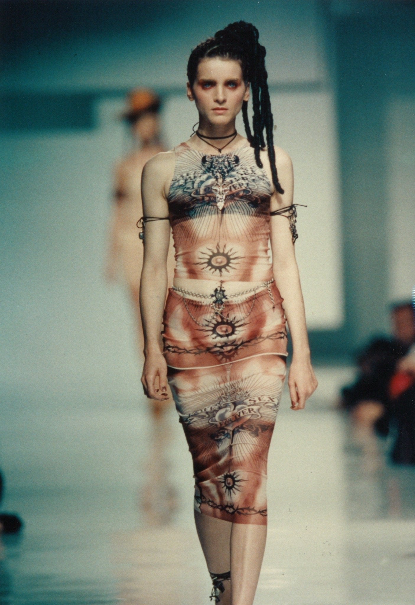 JEAN-PAUL GAULTIER SS1996 « SAFE SEX FOREVER » BEIGE & BLUE MESH SWIMSUIT