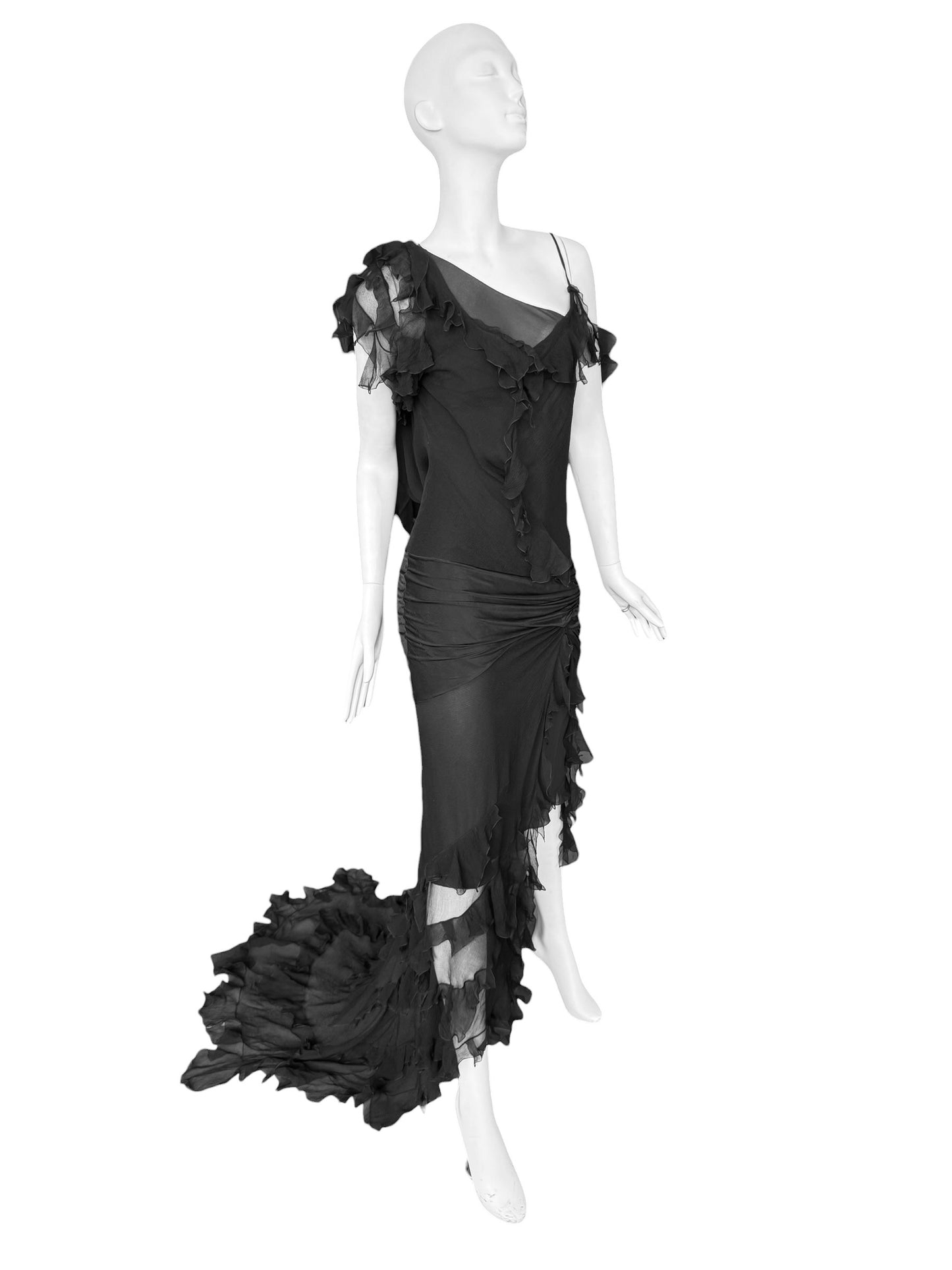 CHRISTIAN DIOR FW2006 BY JOHN GALLIANO BLACK SILK ASYMMETRICAL RUFFLES TRAIN MAXI DRESS