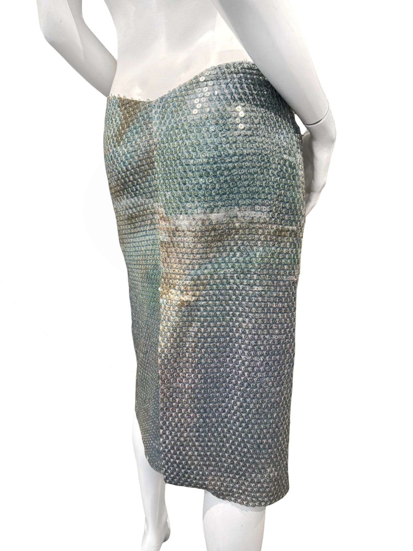 ALEXANDER MCQUEEN SS1997 «LA POUPÉE» BLUE SEQUINS DOLPHIN PRINT BUMSTER MIDI SKIRT