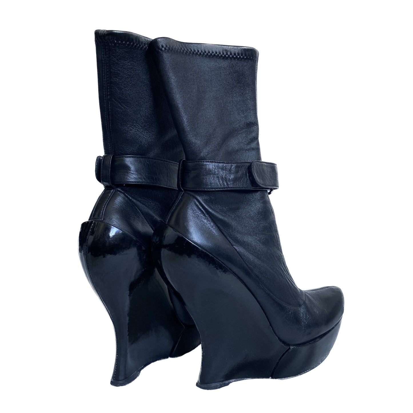 CELINE FW2008 BY IVANA OMAZIC BLACK LEATHER WEDGES PLATFORM BOOTS