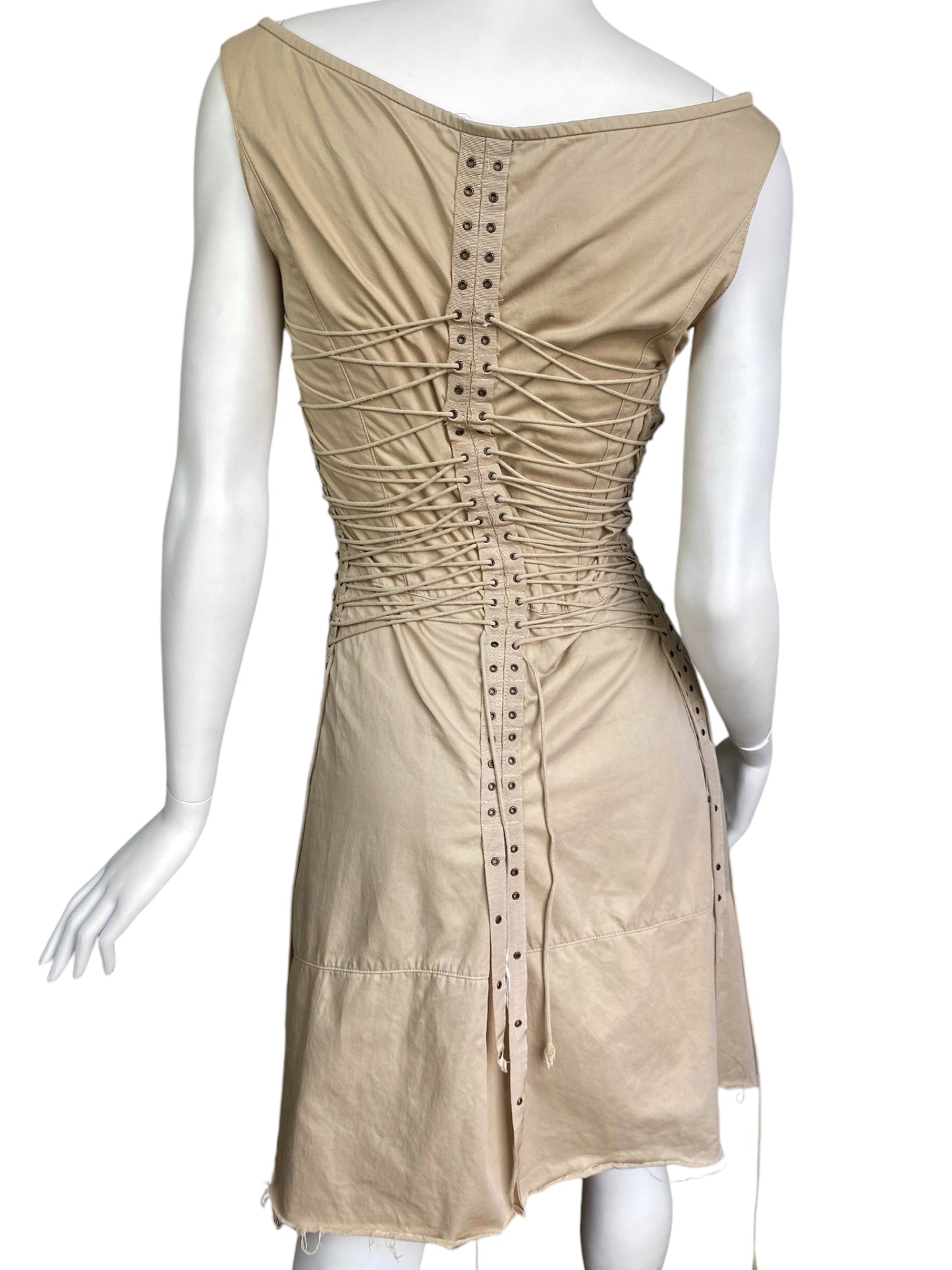 PLEIN SUD SS2003 BEIGE LACED-UP BONDAGE MIDI DRESS