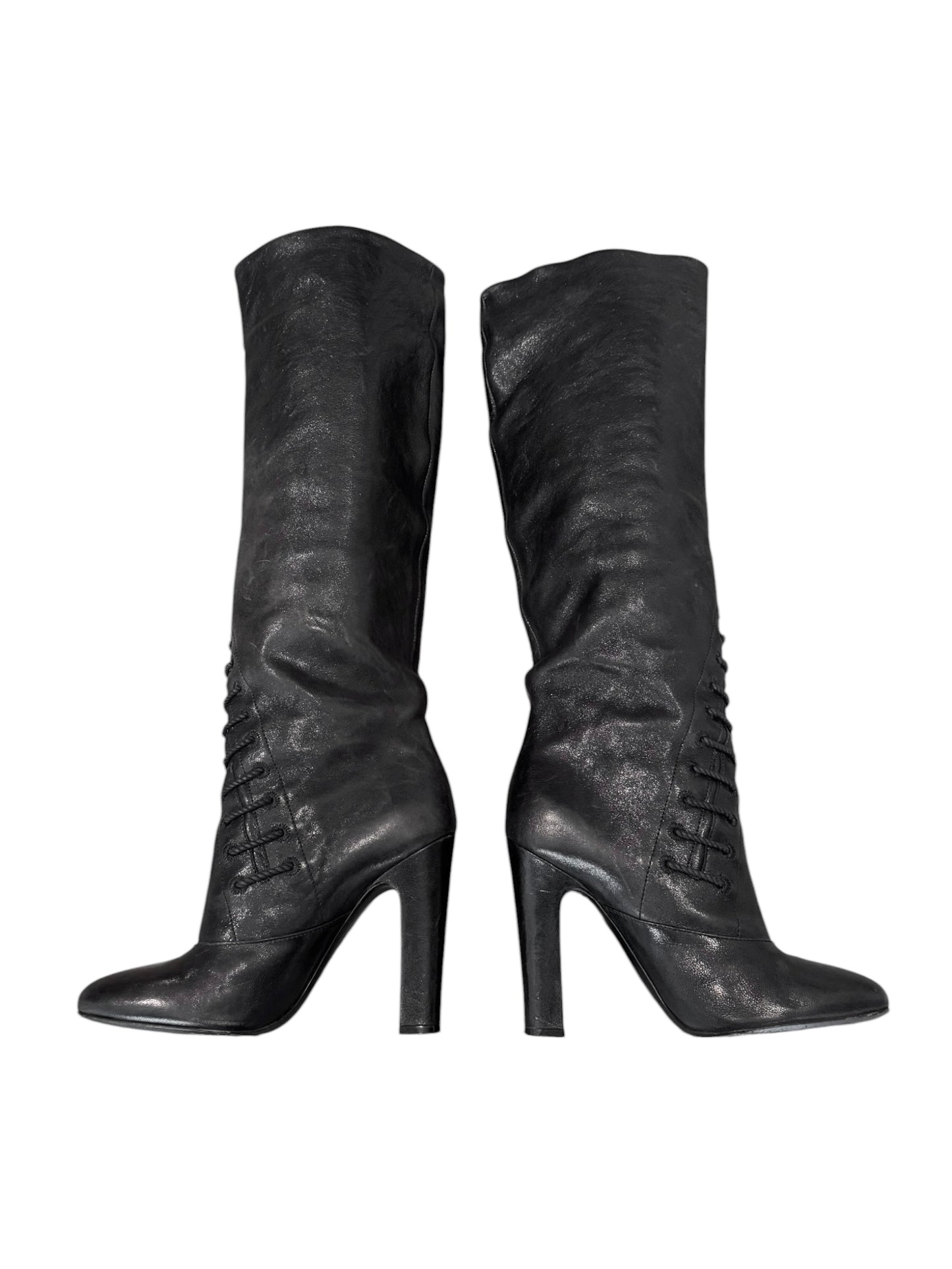 NINA RICCI FW2007 BY OLIVIER THEYSKENS BLACK LEATHER LACE-UP BOOTS