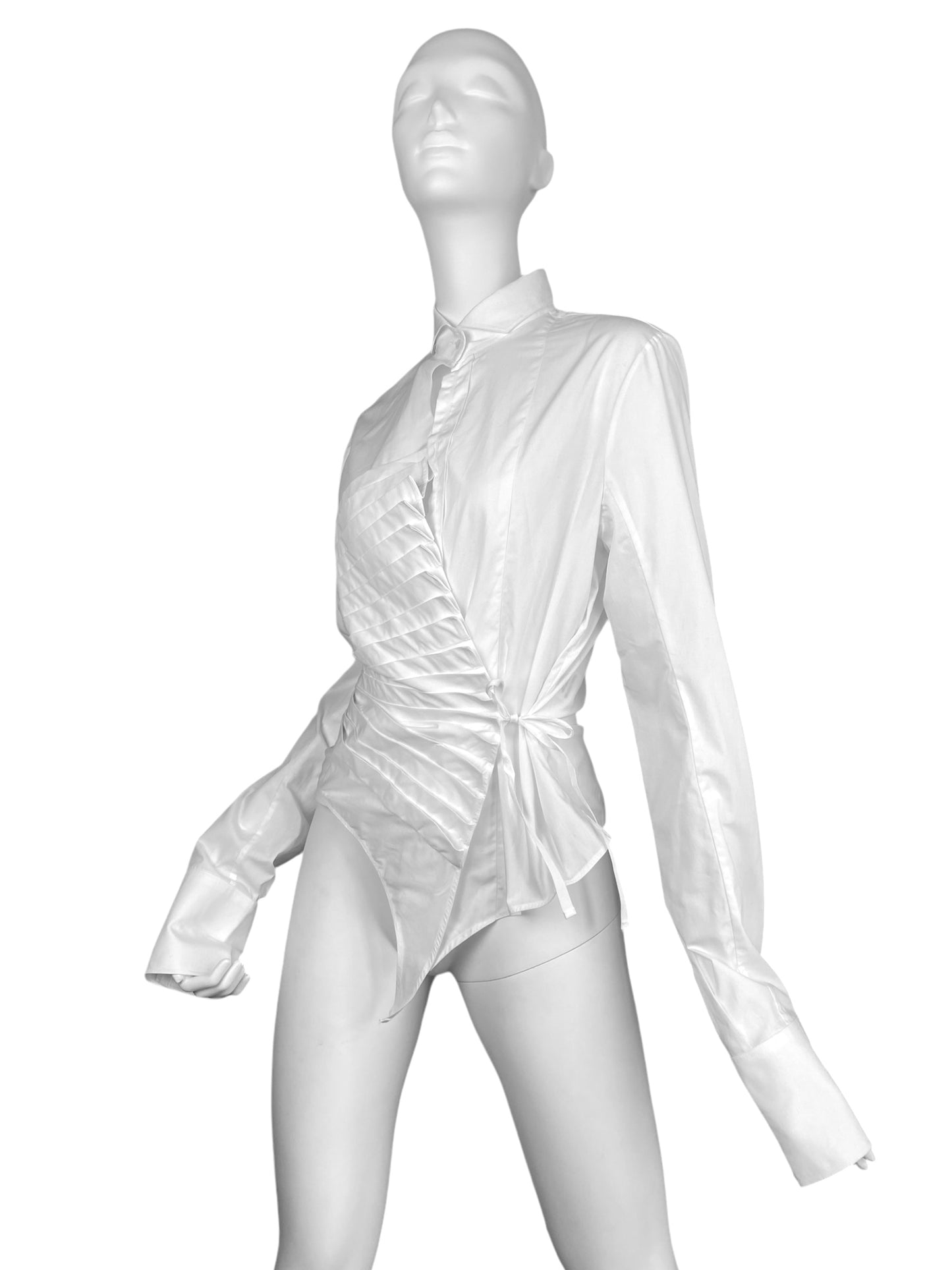 MARC LE BIHAN 2020s WHITE ASYMMETRICAL PLEATED TIE UP SHIRT