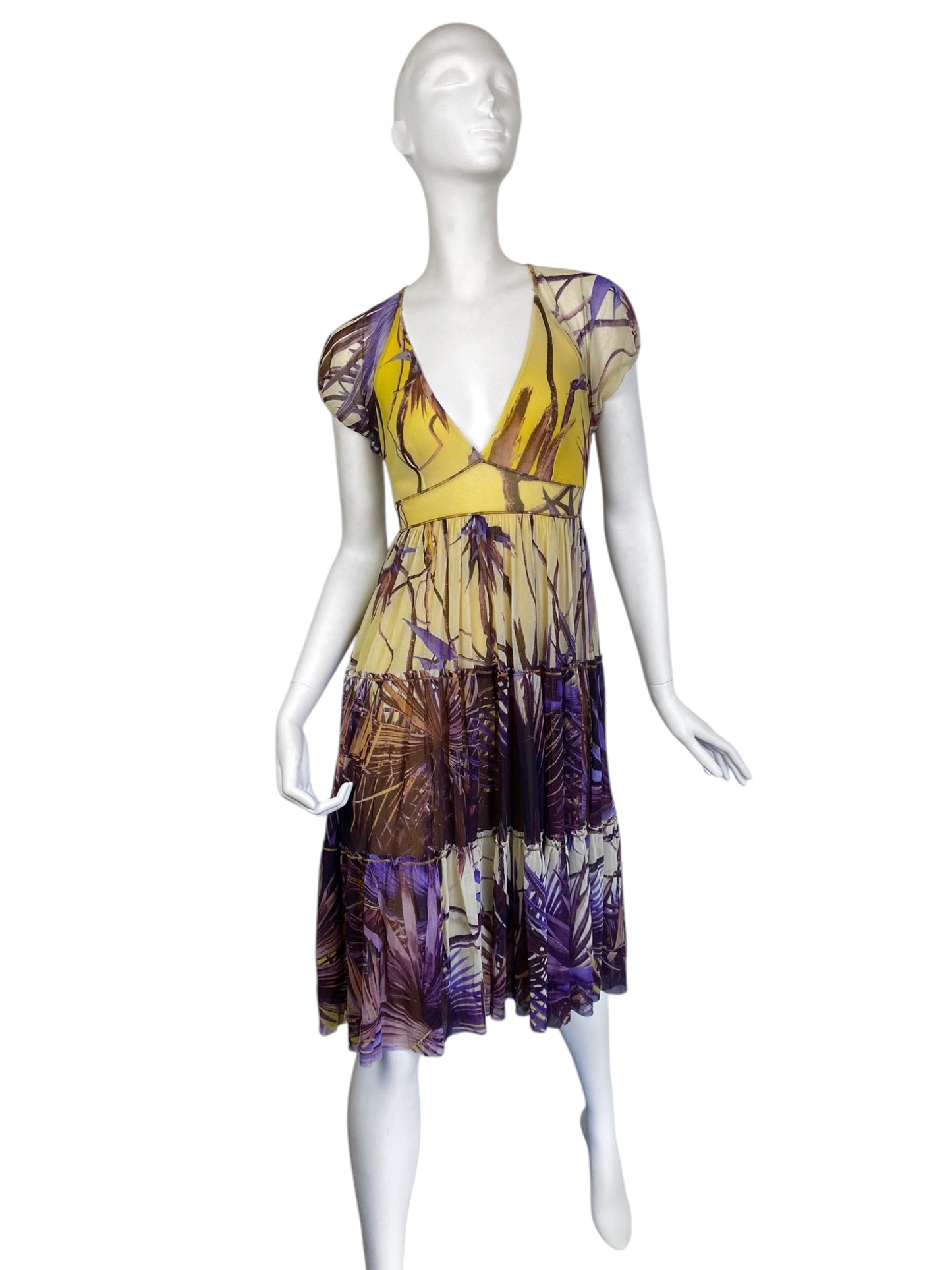 JEAN PAUL GAULTIER 2000s YELLOW & PURPLE MESH TROPICAL PRINT MIDI DRESS