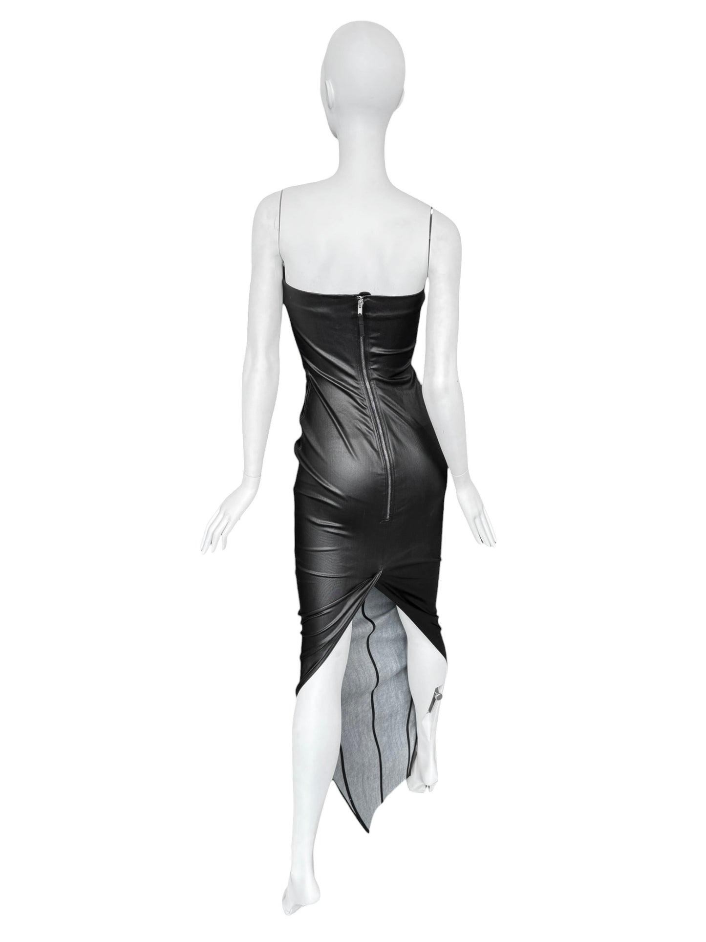 RICK OWENS SS2024 «LIDO» BLACK COATED DENIM BUSTIER MAXI DRESS
